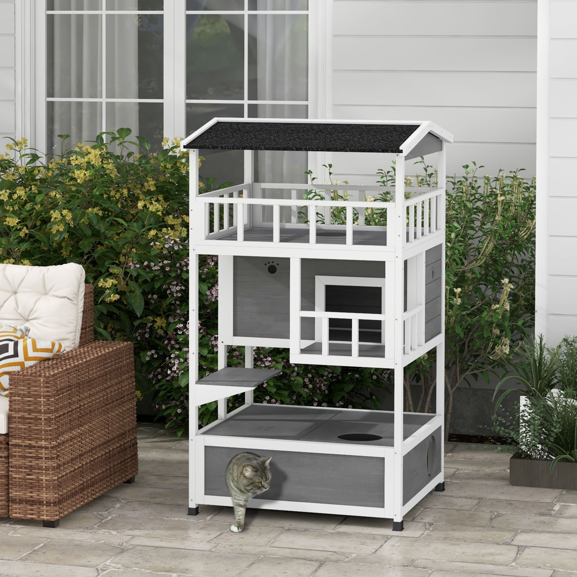 Wooden Outdoor Cat House with Asphalt Roof, Escape Doors, Condo, Jumping Platform, Light Gray — imagen 6