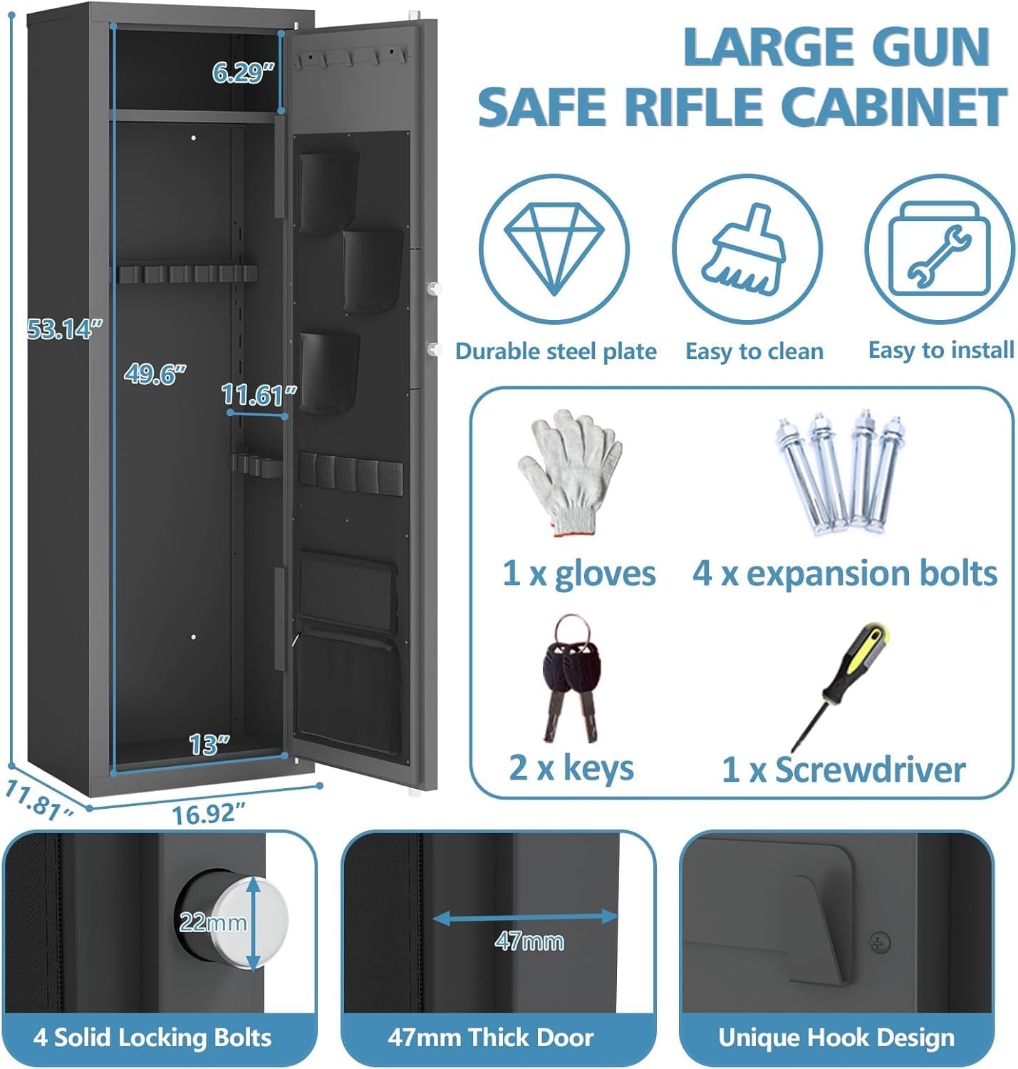Caja Fuerte para 12-15 Armas, Rifles y Pistolas, Gabinete Grande con Cerradura Digital de Teclado, Caja de Seguridad de Acero Antipalanca, Estantes Ajustables y Funda para Pistola para Defensa del Hogar y Almacenamiento de Caza — imagen 3