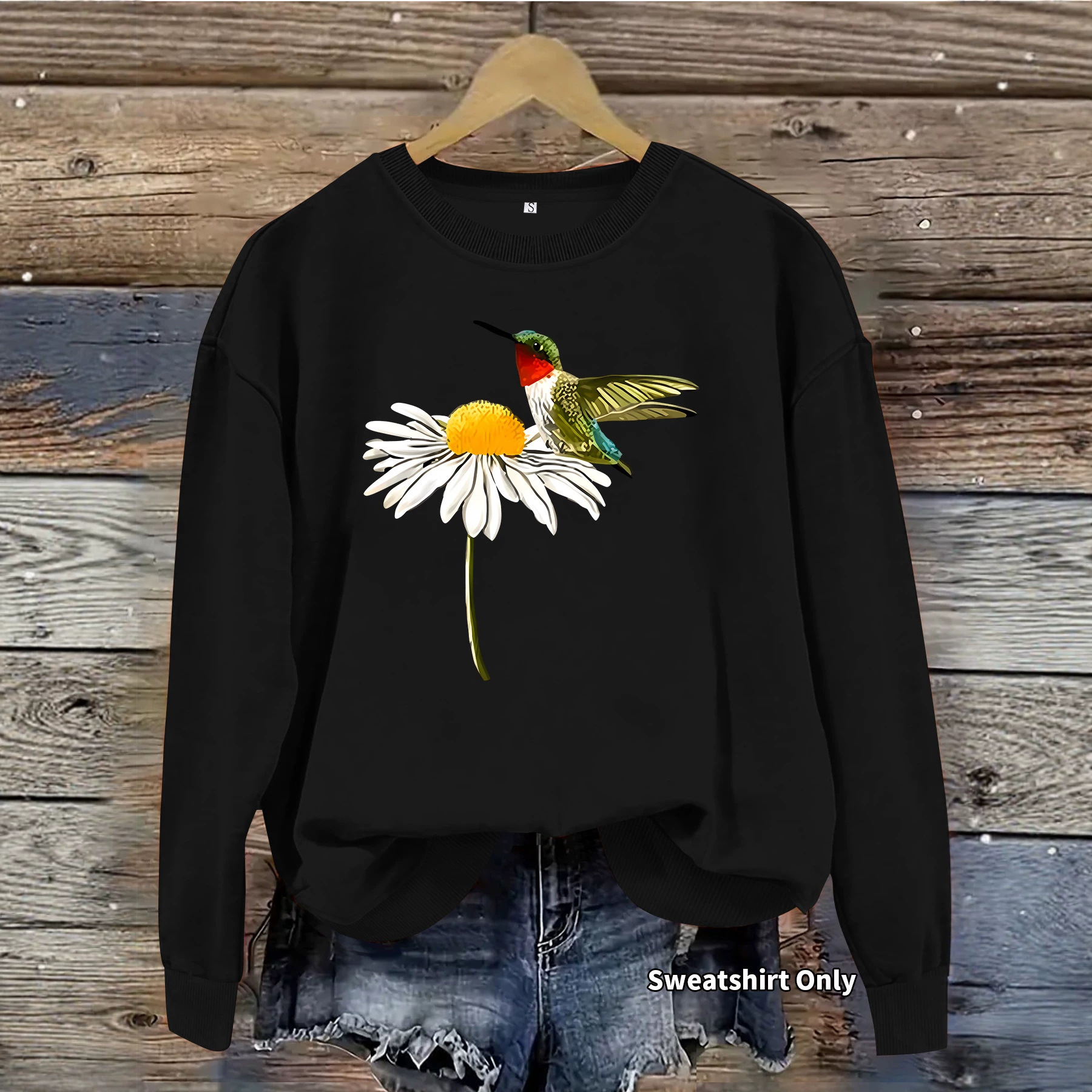 Daisy hummingbird print round neck fleece hoodie — image 6