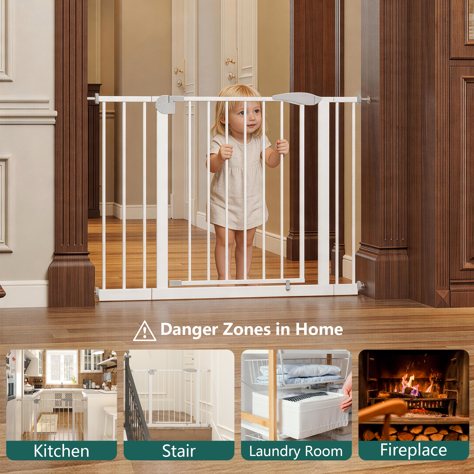 2 Pack 29.5-44.1" Wide Baby Gate for Stairs, Dog Gate Indoor for Doorways, No Drilling Pressure Mounted Pet Gates for Kids, Easy Walk Through Safety Gate, White — image 9