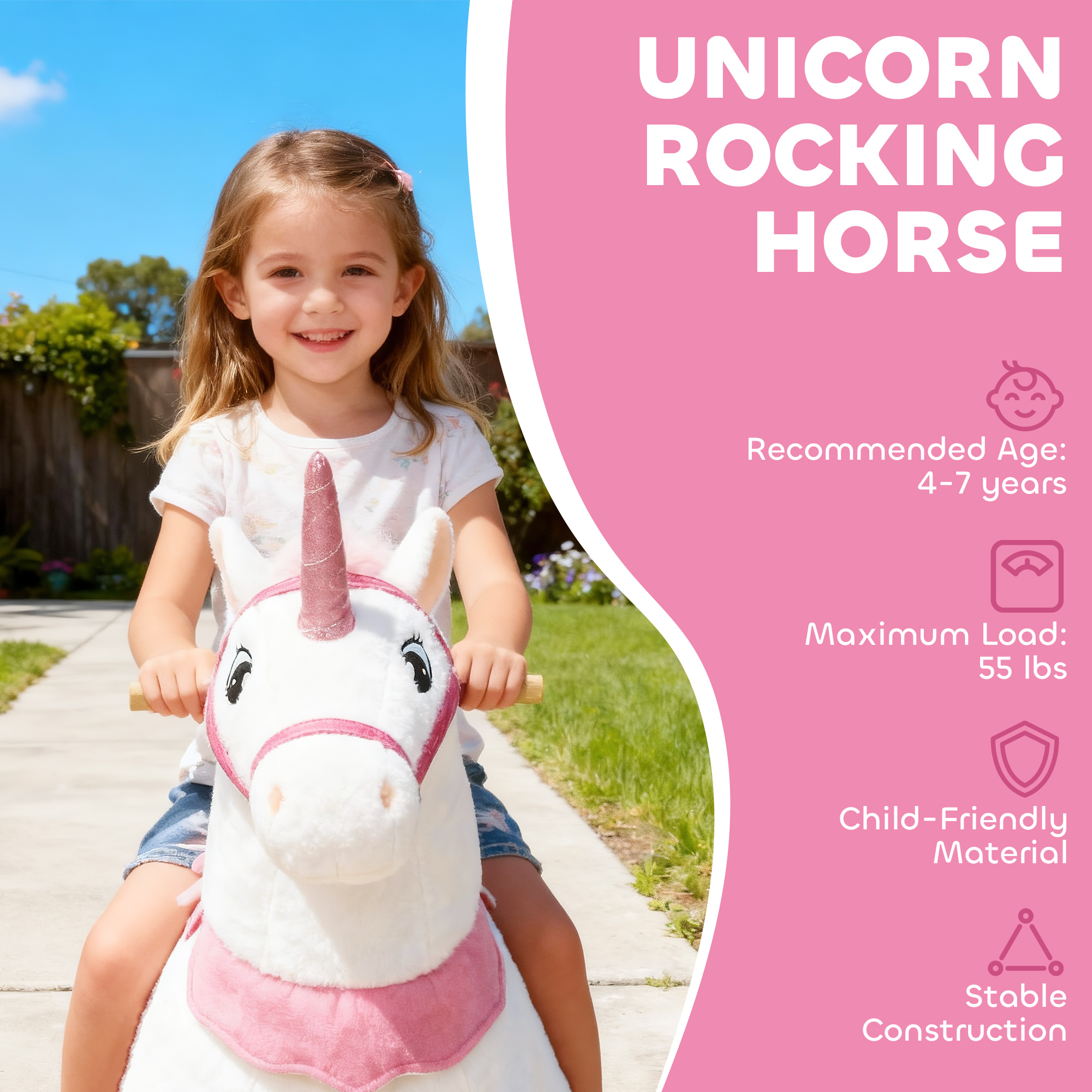 Ride on Unicorn Toy for Kids 4-7 Years, 37.8 Inch Plush Baby Rocking Horse with Wheels, No Battery Required, White — image 7