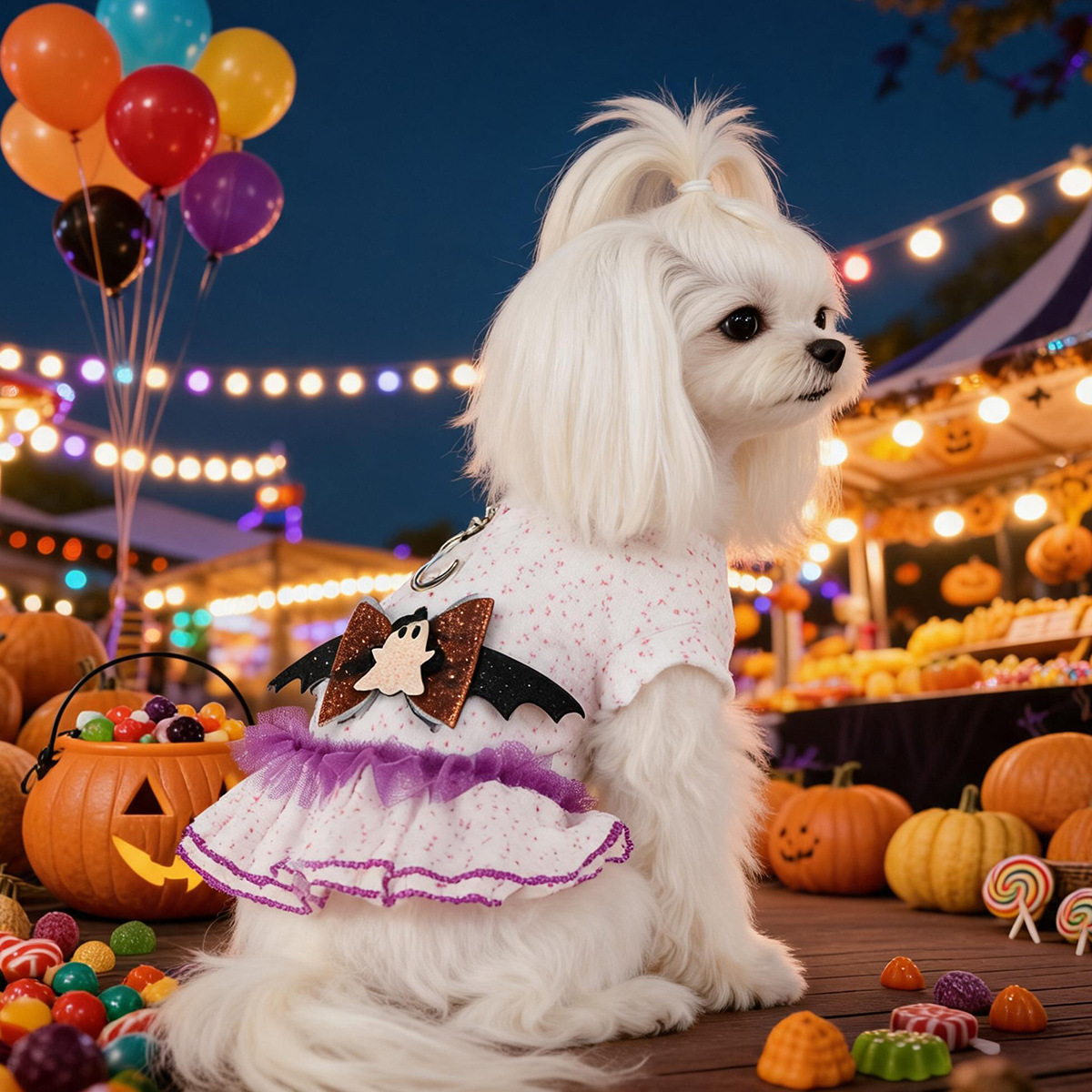 Ghost Bat Halloween Pet Tulle Dress with Leash for Small Cats and Dogs, Purple Mesh Costume for Festival Party — image 1