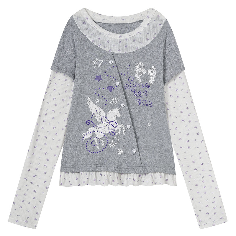 Unicorn print fake two-piece top with floral patchwork — image 2