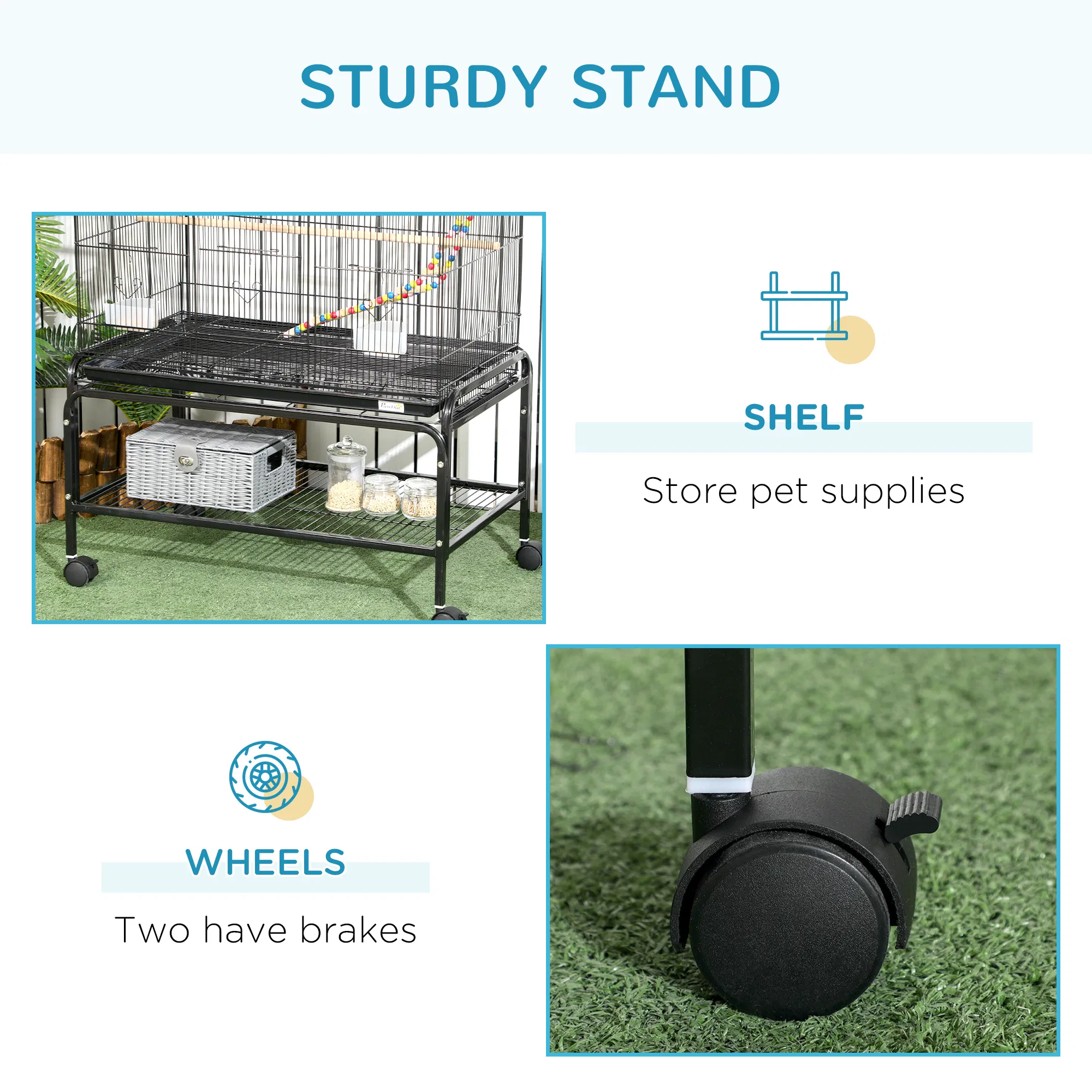 52" Bird Cage with Rolling Stand, Toys, for Budgies Canaries Black — image 6