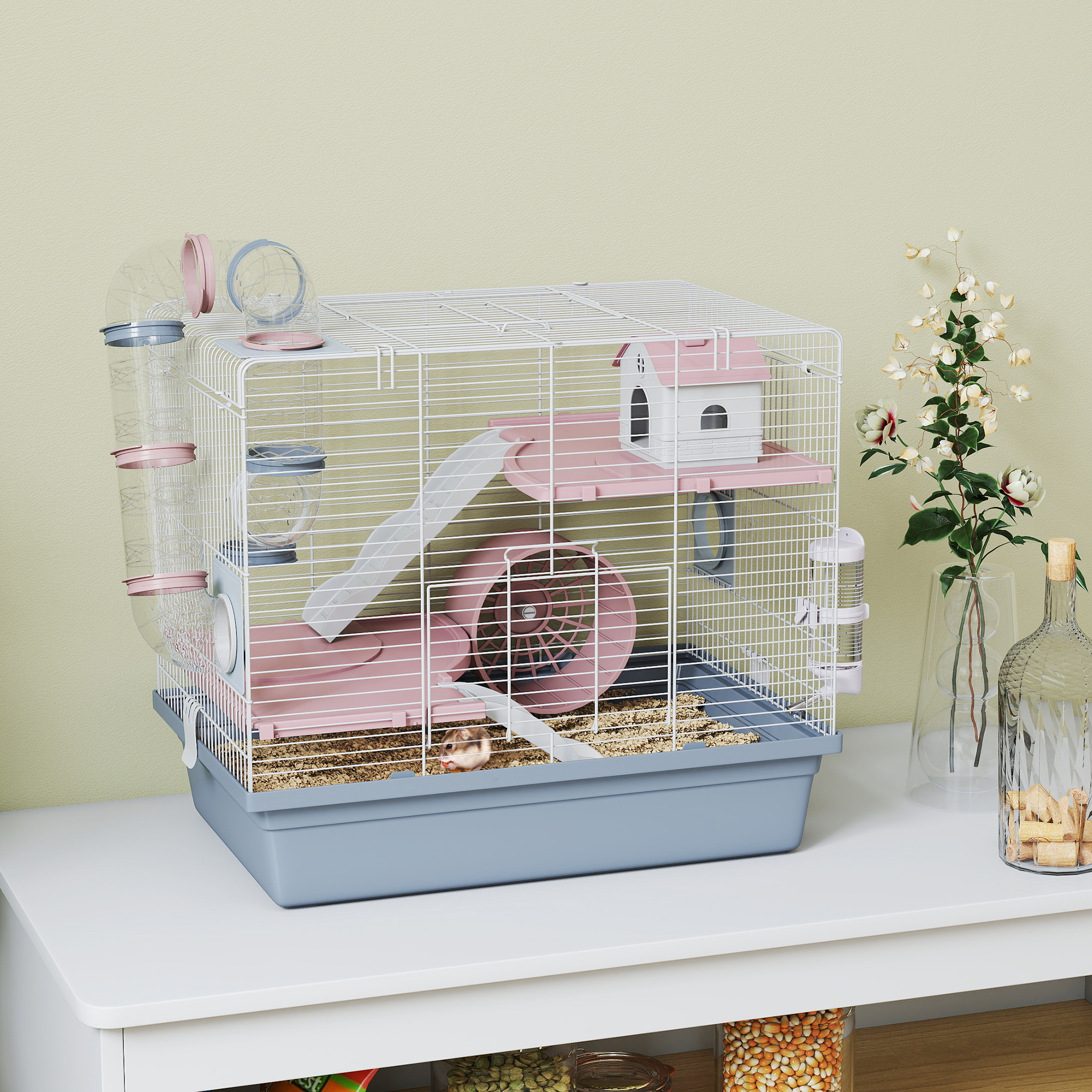 Hamster Cage, 3-Tier Small Animal Cage with Exercise Wheel, Food Bowl, Water Bottle, House, Tunnels, Ramps — image 1