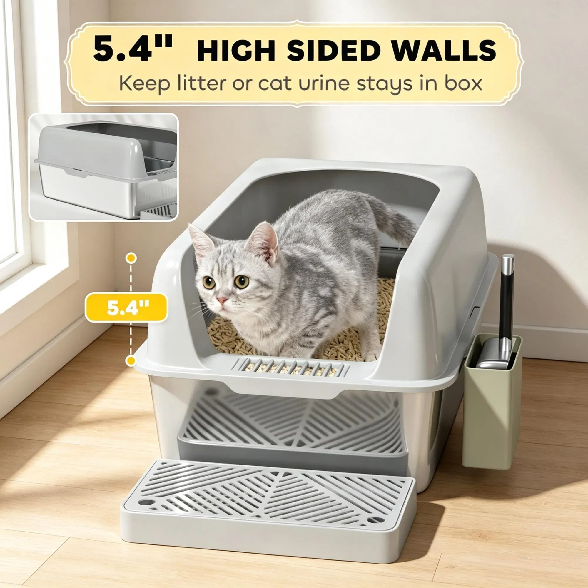 Light Gray 2 Pack High Sided Stainless Steel Litter Box Anti-Urine Leakage for Multi-Cat Households — image 7