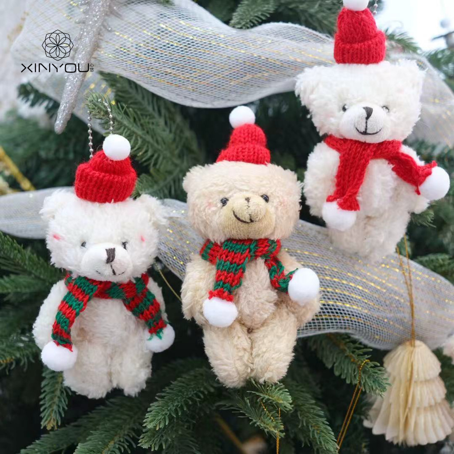 Oso de Peluche Fuzzy Bear con Gorro Rojo Juguetes de Cuerda para Clave, Bolsa de Cuello y Adorno de Árbol Navideño — imagen 2