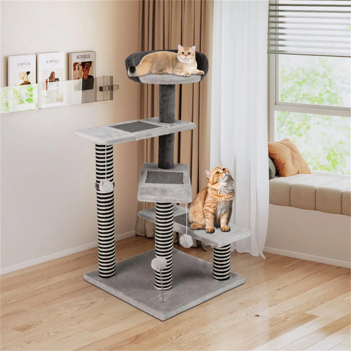 37" tall Cat Stairs with Scratching Mats - 3-Tier Perches, Spring Ball & Dangling Toys for Cats — image 12