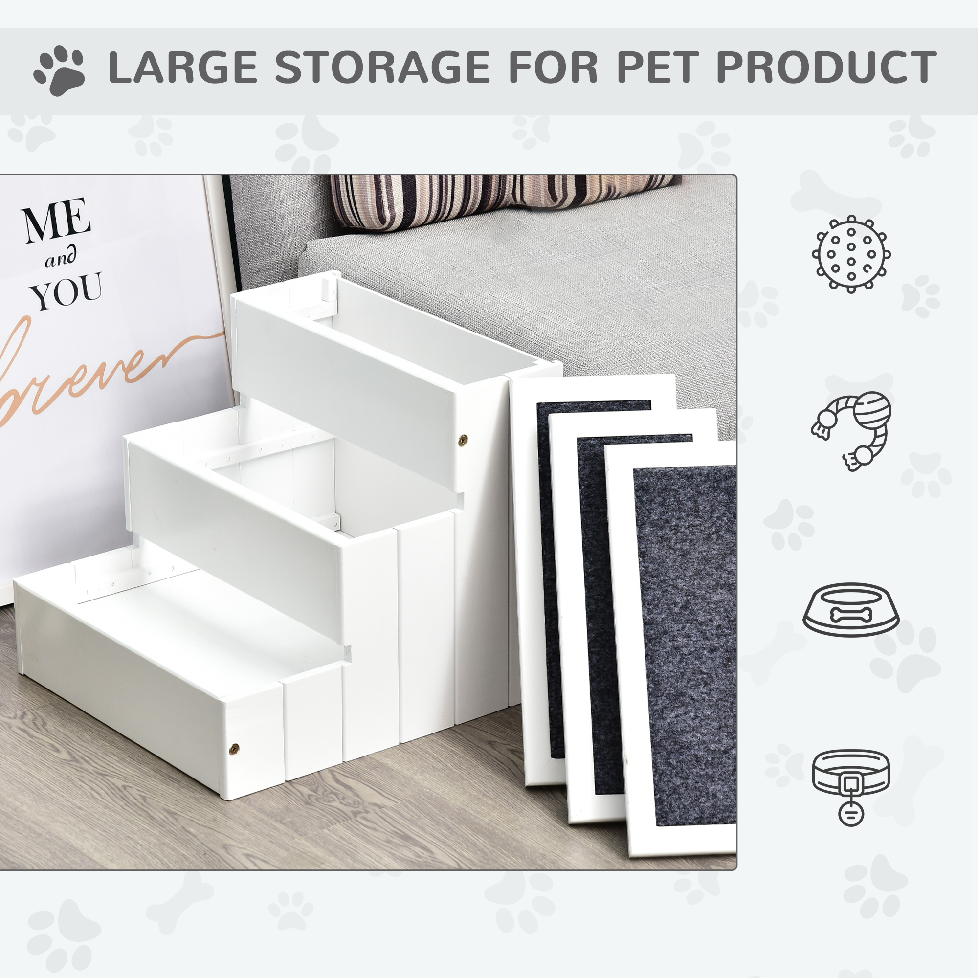 Escalera de Madera de 3 Escalones Alfombrada y Antideslizante para Gatos y Perros Pequeños - Blanco — imagen 5