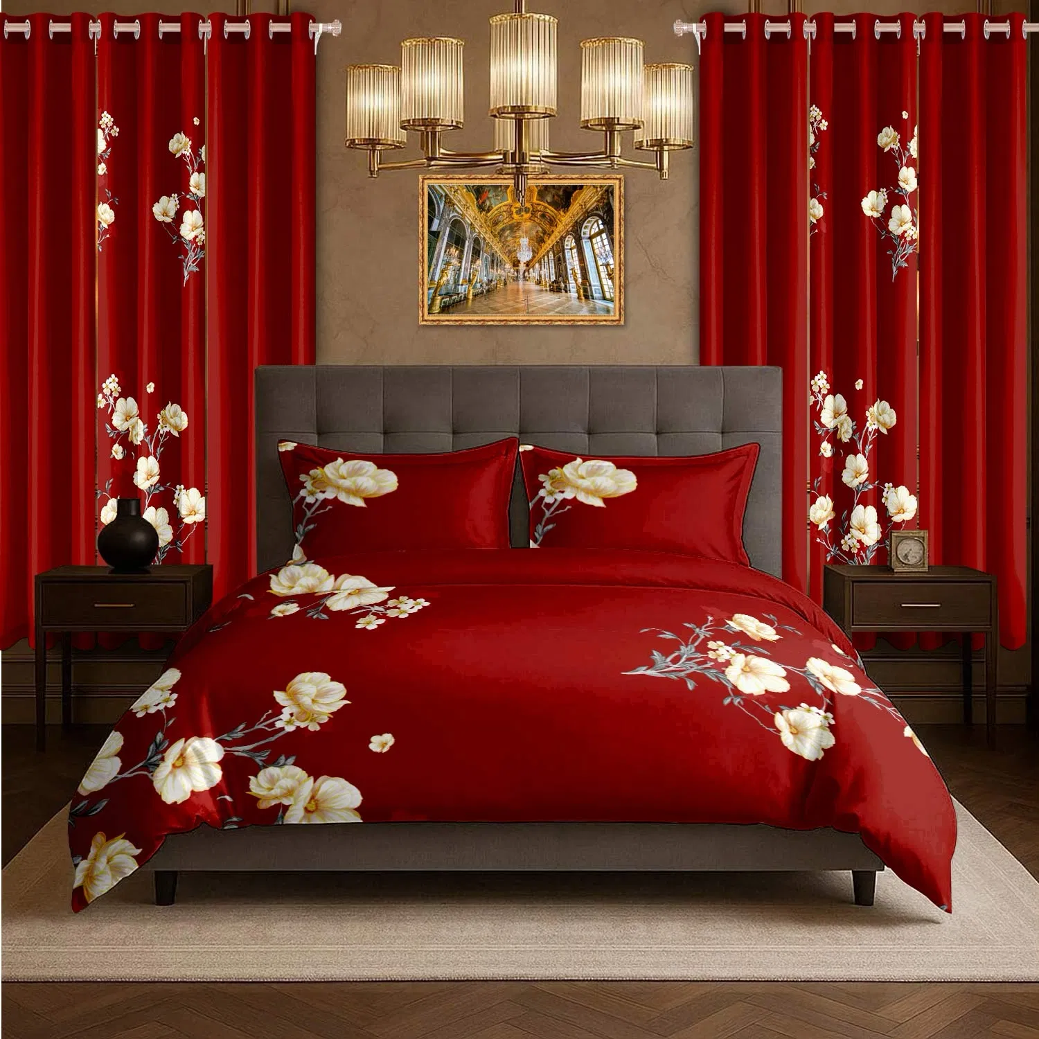 9-Piece Burgundy Red Floral Bedding & Curtain Combo Set, Elegant Wine Red Quilted Bedspread with 6 Light Filtering Window Panels & 2 Shams, Easy Care Microfiber Coverlet, Pet Friendly — image 18