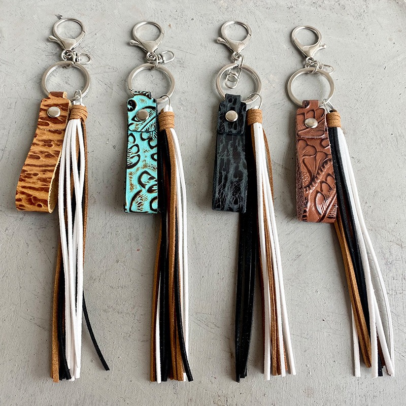 European and American Keyring Retro Embossed Brown Cow Leather Keychain Leather Tassel Personalized Handmade Pendant — image 1