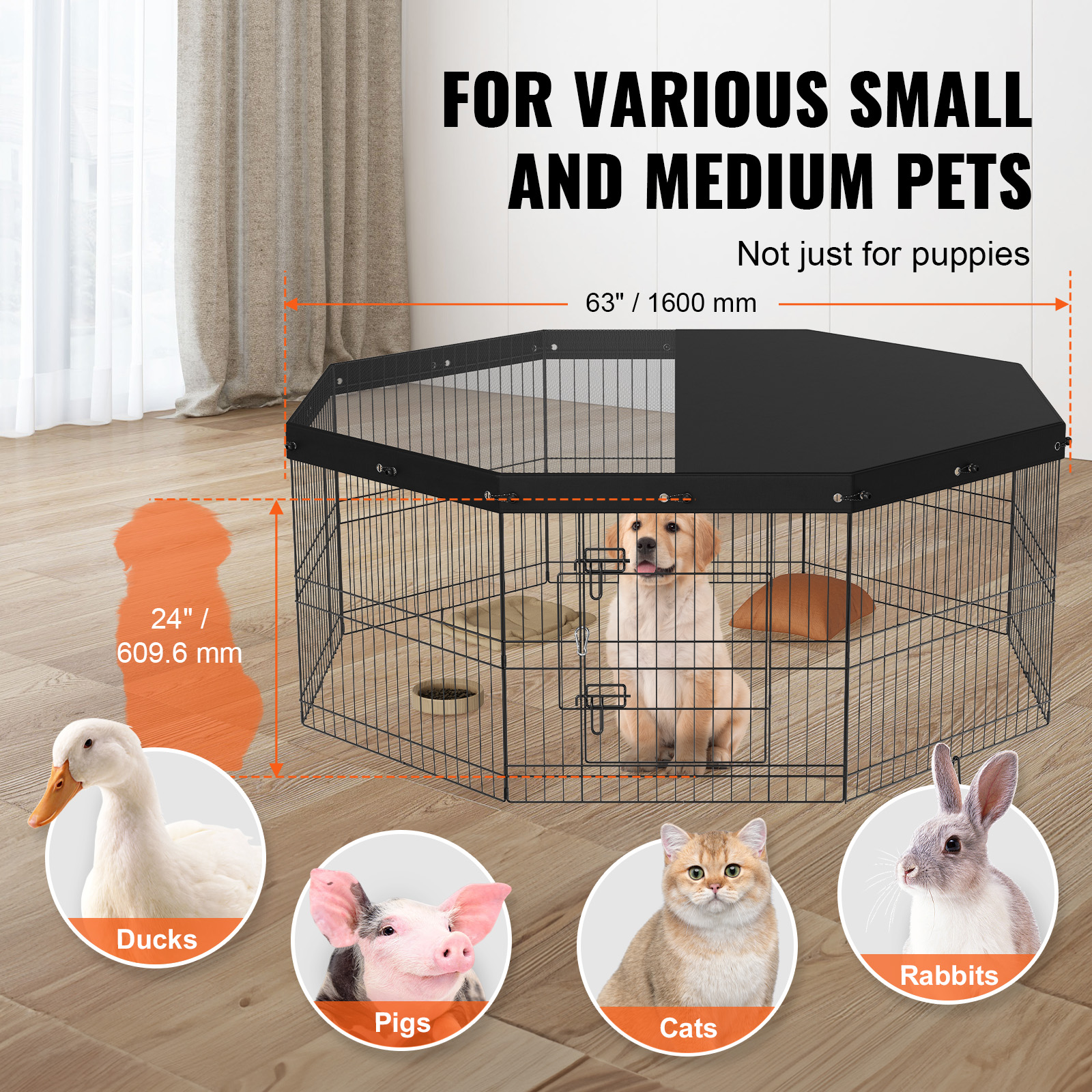 Cubo de Juego para Perros VEVOR, 8 Paneles Reutilizables con Cubierta Superior, 24" de Alto, Cárcel para Mascotas Portátiles con Estacas de Tierra para Pequeños y Medianos Animales, Indoors-Outdoors — imagen 2