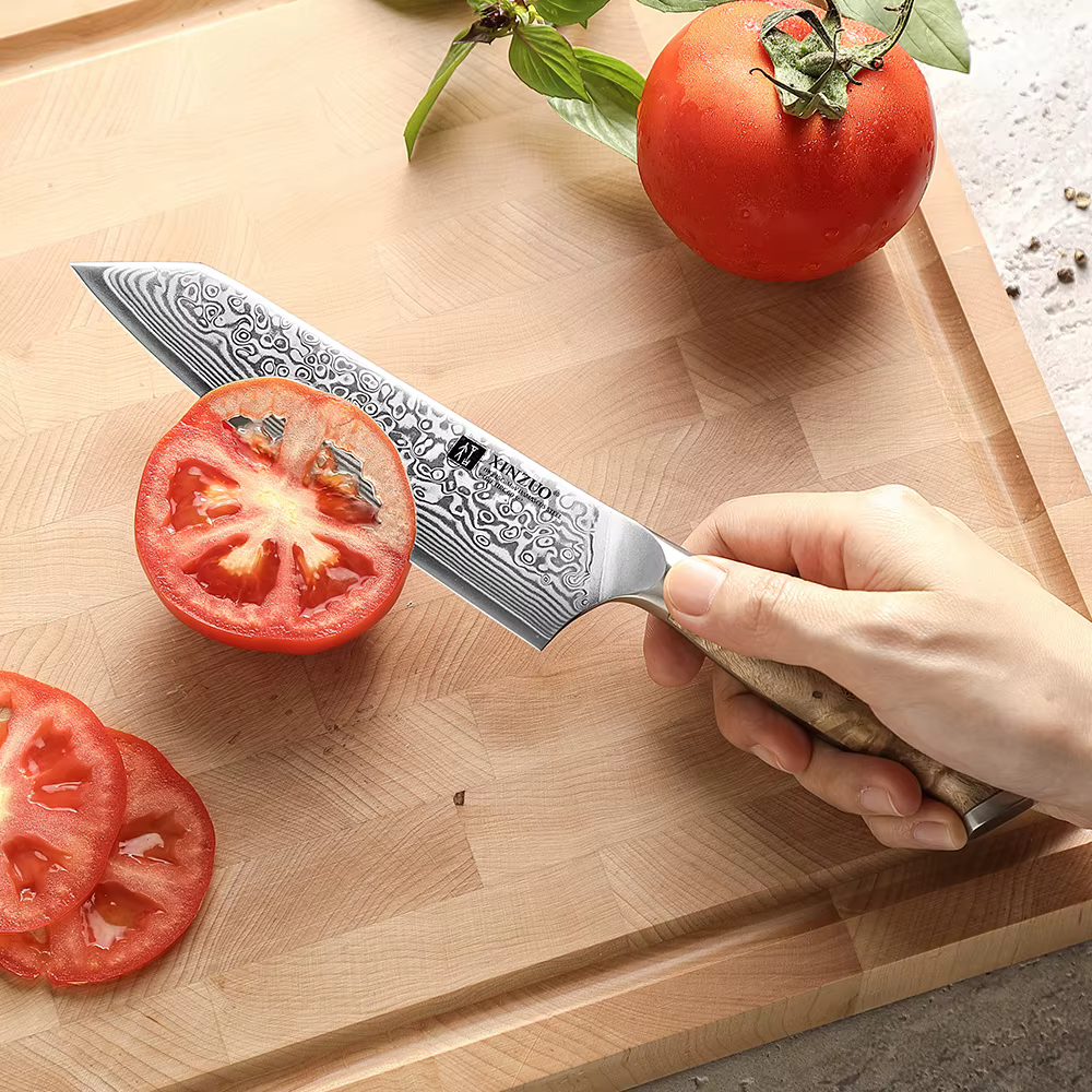 XINZUO Damascus Steel Bunka Chef Knife 5.8-inch 67-Layer Super Steel Figured Sycamore Wood Handle Exquisite Brass Rivet Gift Box — image 6