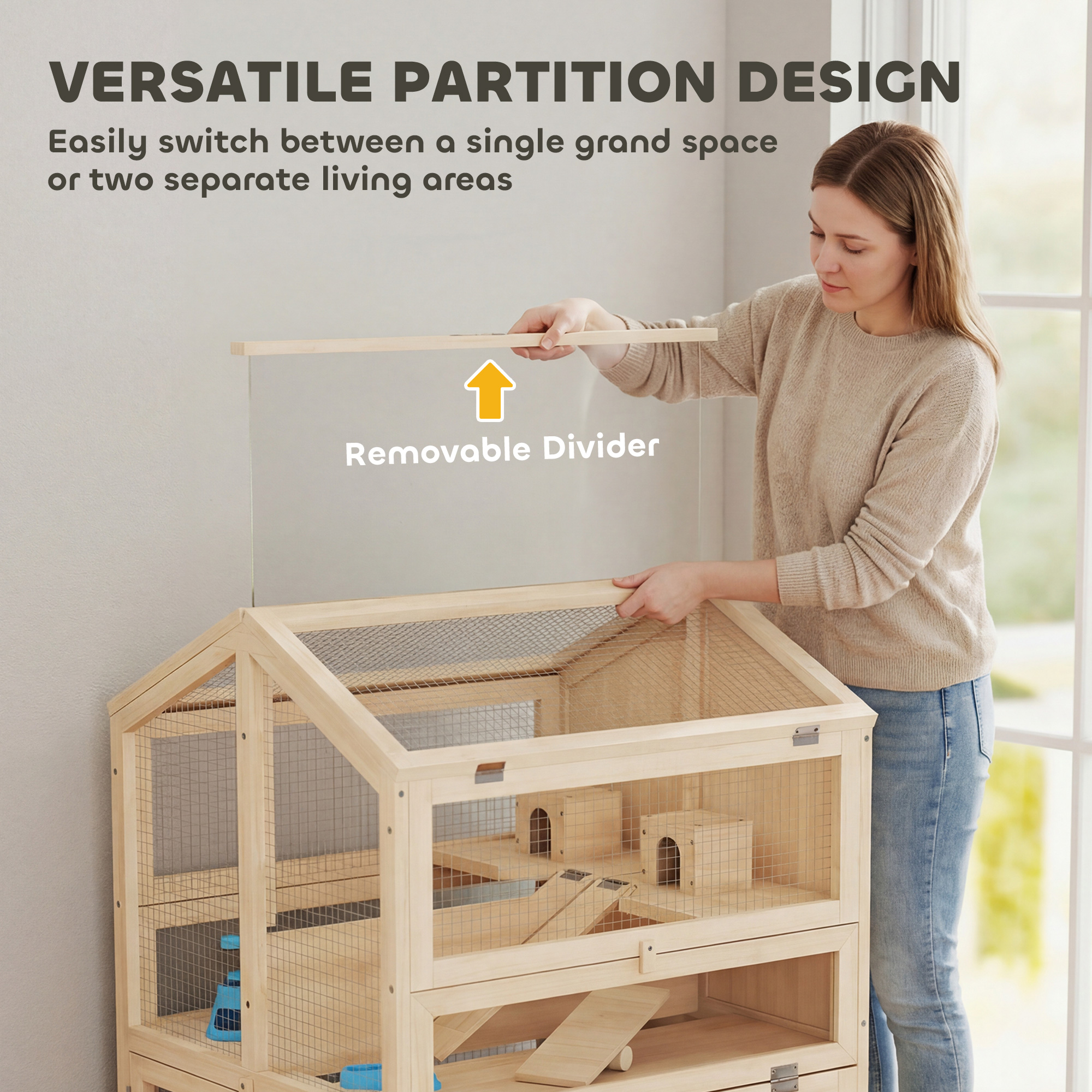 Caja de Madera para Hámsters Grande, 3 Niveles con Caja Retirable y Parte Superior Abatible, 26.8"L x 24.2"W x 35.4"H — imagen 3