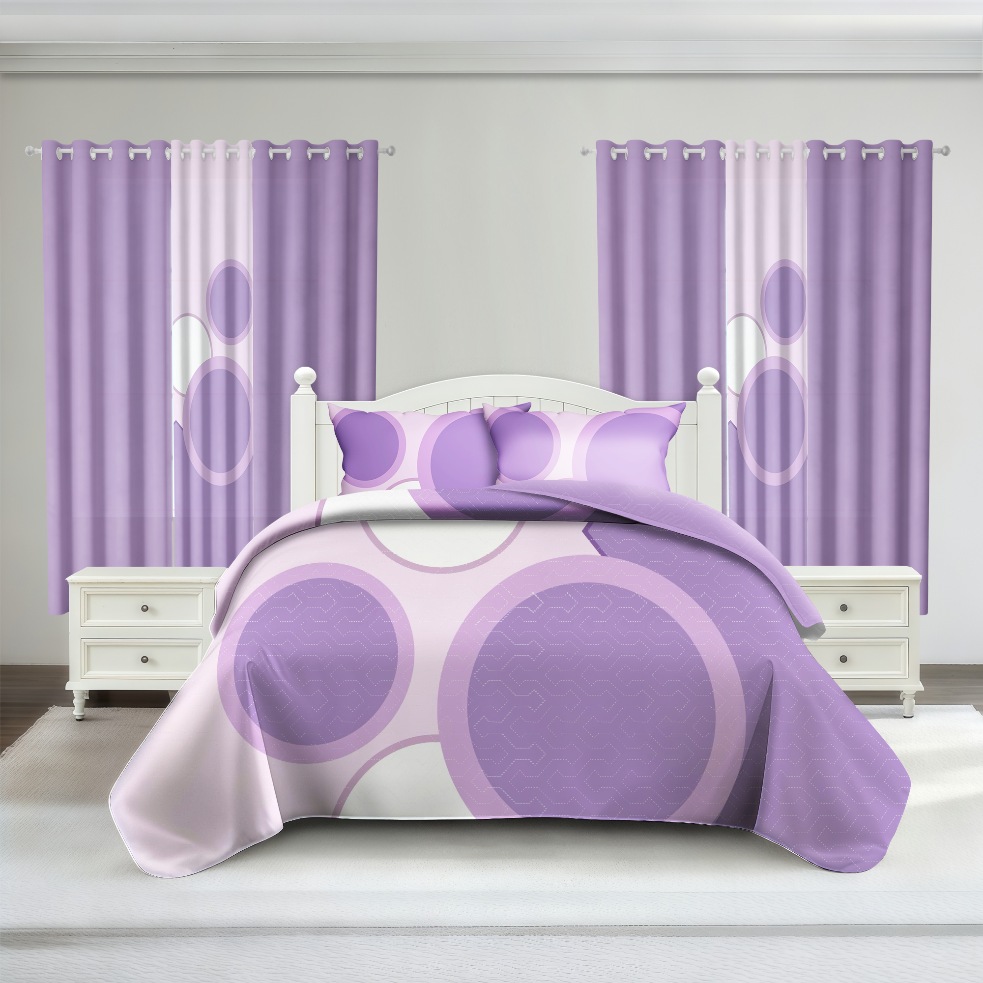 9 Piece Room In A Bag Quilt And Curtain Set, US Designer Lavender Purple Geometric Circle Print Heavyweight Bedspread With 6 Customizable Window Panels, Pet-Friendly High GSM Coverlet — image 9