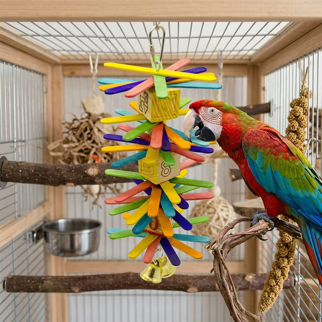 Juguete de Forraje para Pájaros Colorido con Letras y Pétalos, Bloque de Madera Dura con Cordón, Juguete Interactivo de Masticación y Desgaste de Pico para Periquitos y Cacatúas — imagen 1