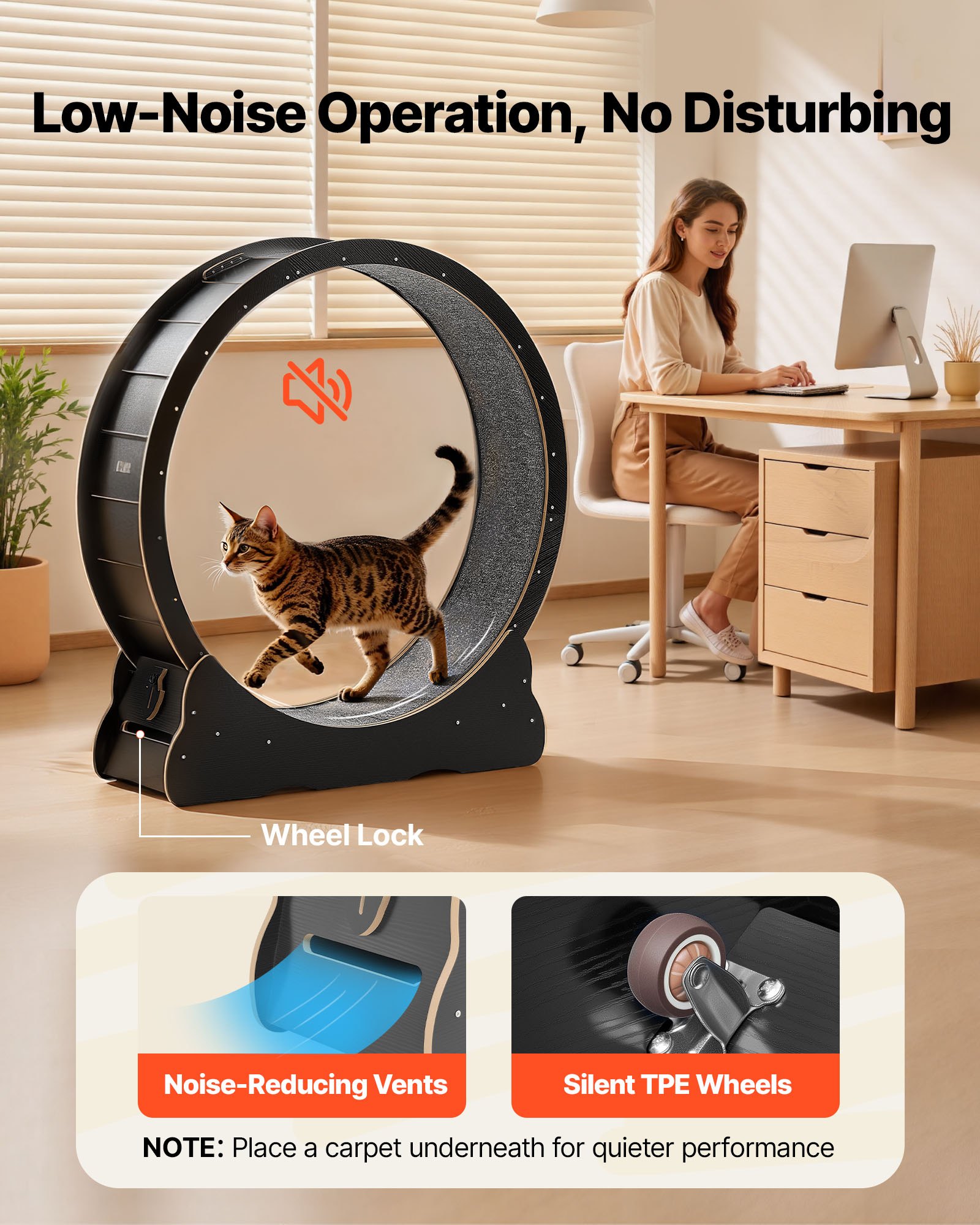 Cat Exercise Wheel, 48 In Wooden Cat Running Wheel For Indoor Cats Up To 28 Lbs, Cats Treadmill With Carpeted Runway & Locking Mechanism, Quiet Kitten Sport Toys For Pets Fitness & Health, Black — image 4