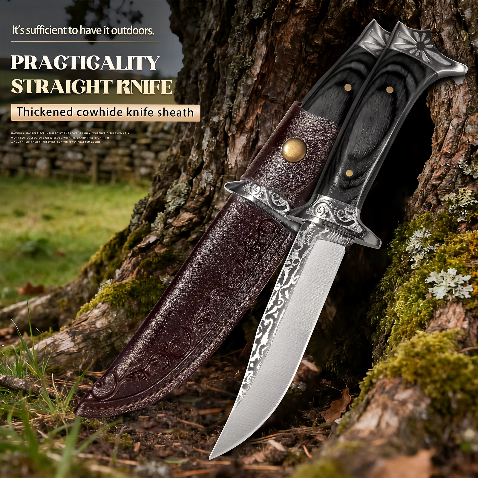 Fixed Blade Hunting Knife with Leather Sheath Wood Handle Outdoor Camping Utility Knife Bowie Style Gift for Men — image 3