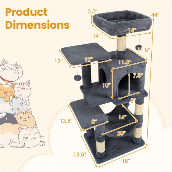 Rascador para gatos de 44" de varios niveles con amplia percha superior, condominio de 2 puertas y hamaca, para gatos de interior - Gris — imagen 2