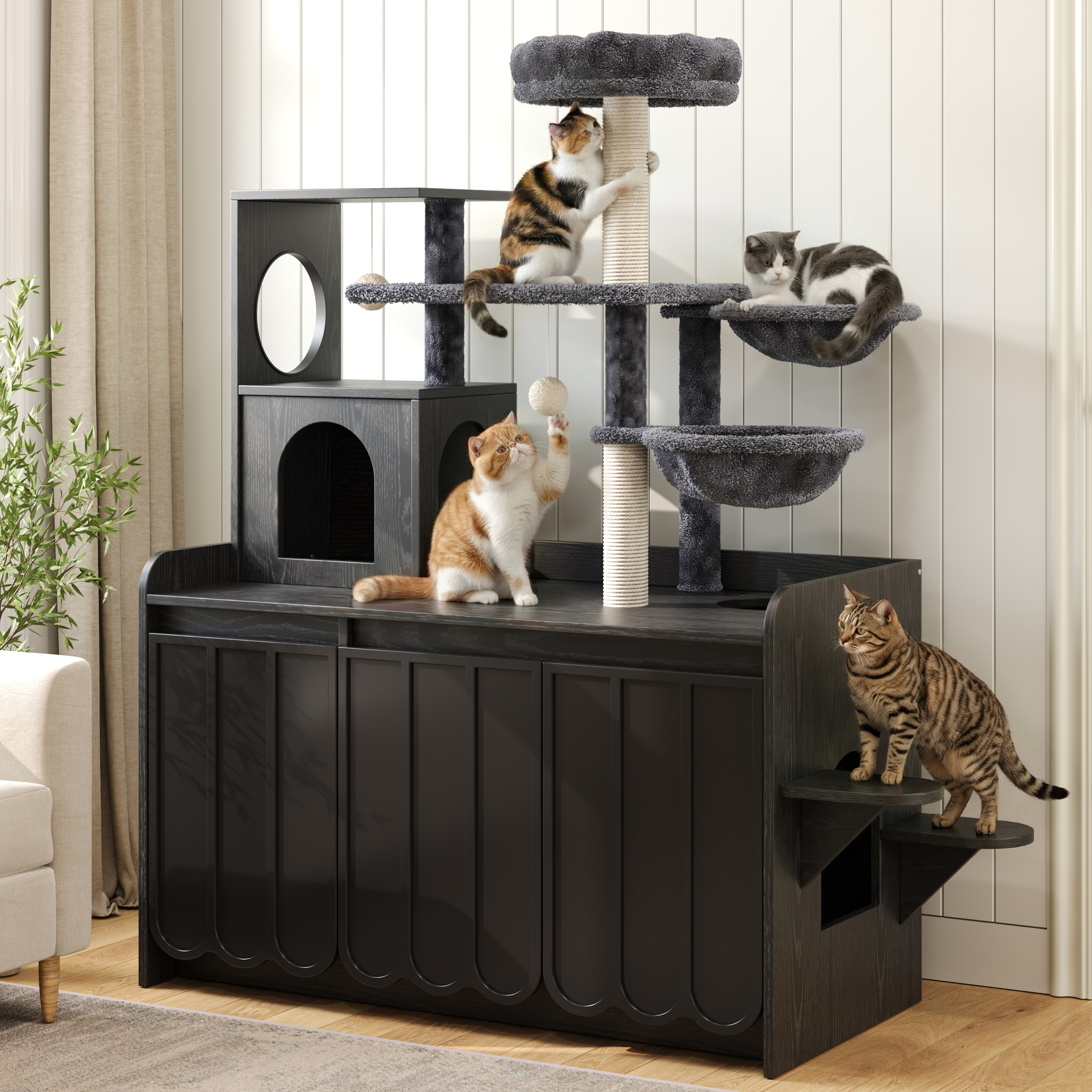 Rascador para Gatos de 50.6" con Cubierta para Caja de Arena, Torre para Gatos con Poste Rascador de Sisal y Espacio de Almacenamiento, Mueble con Caja de Arena Oculta, Condominio Moderno Todo en Uno con Casa, Hamaca y Percha, Negro — imagen 1