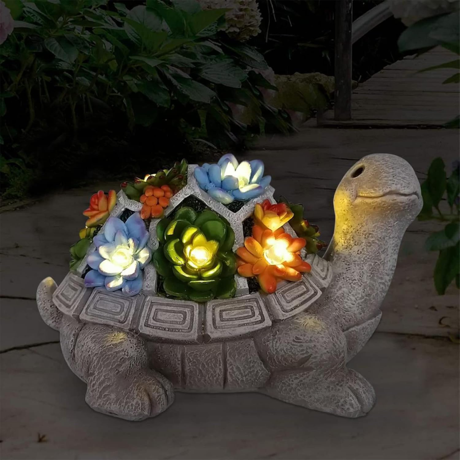 Estatua de Tortuga Solar para Jardín con Suculentas y 7 Luces LED — imagen 1