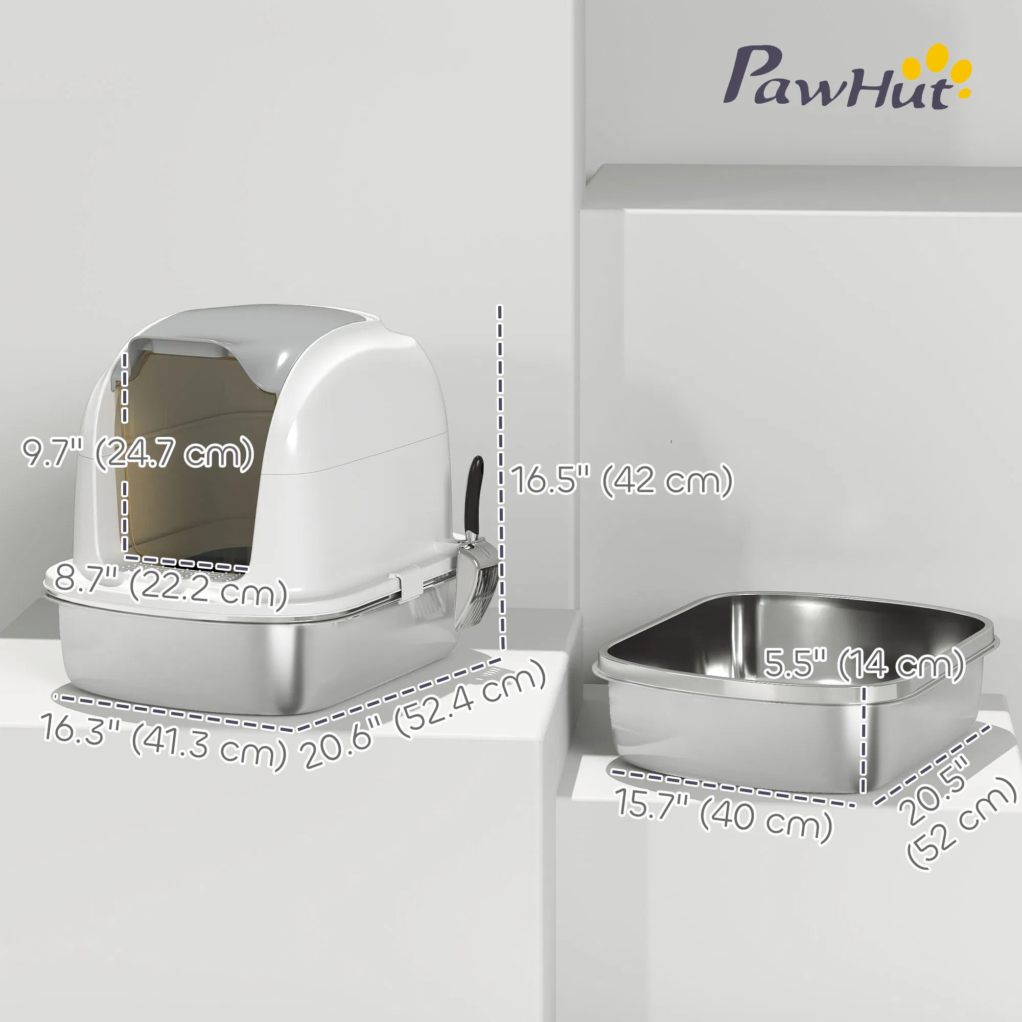 XL Stainless Steel Cat Litter Box with Lid for Big Cats, Enclosed Cat Litter Box with Flip Cover, Scoop — image 2