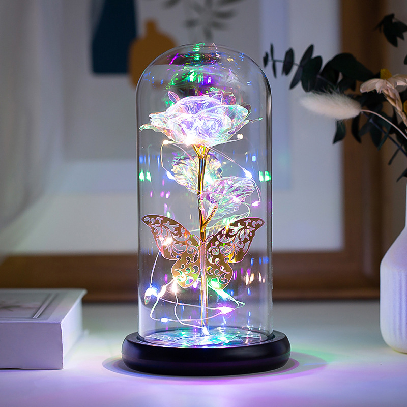Golden Butterfly Immortal Flower Glass Cover Rose Glowing Gold Foil Rose Christmas Valentine's Day — image 1