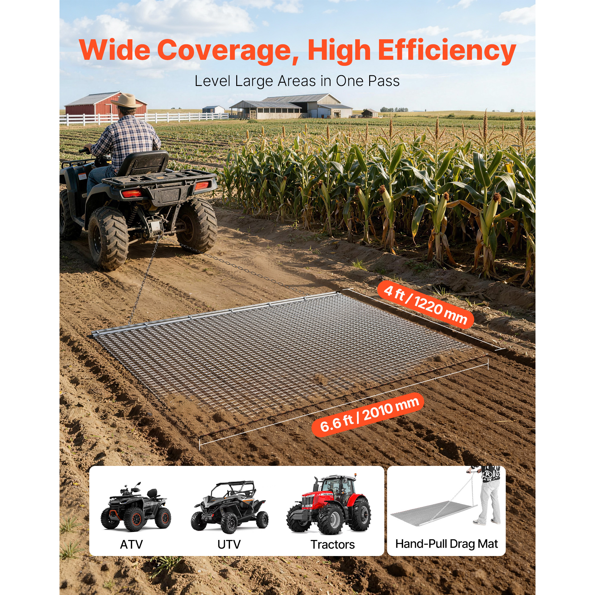 Drag Harrow, 6.6 X 4 Ft, High-Efficiency Chain Harrow Rake, ATVs UTVs Tractors Attachments, Durable Galvanized Steel Mesh Drag Mat With Towing Chain, For Gravel Driveway Ruts Farm Field Leveling — imagen 4