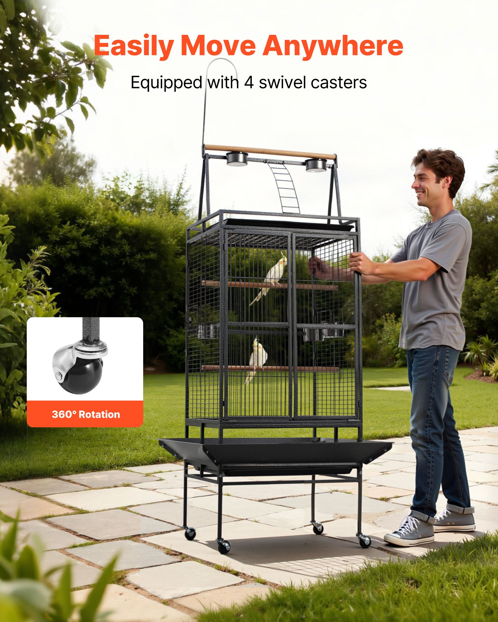Bird Cage, 32.7 X 31.1 X 82.7 Inch, Open Flat Top, Wrought Iron Bird Flight Cage With Perches, Slide-Out Tray, Plastic Feeders, For Cockatiel, Monk Parakeet, Amazon Parrot, African Grey Parrot — image 4