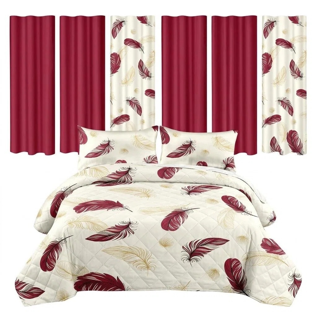 9 Piece Room In A Bag Quilt And Curtain Set, US Designer Burgundy Gold Boho Feather Print Heavyweight Bedspread With 6 Customizable Window Panels, Pet-Friendly High GSM Coverlet — image 1