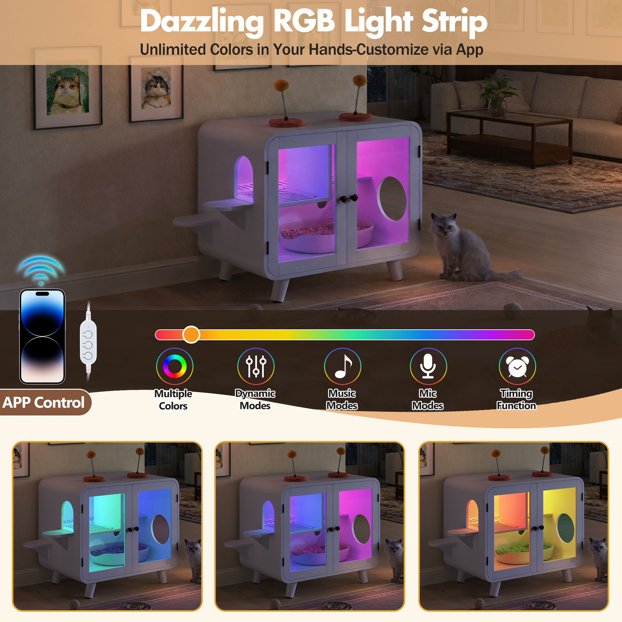 Caja de Limpieza Oculta para Gatos con Luz LED RGB, Casa para Gatos con Escaleras y Juguetes Pom-poms para Diversión, Armario de Baño para Gatos con Paseo Anti-Escamas y Puertas de Vidrio para Mejor Vista, Blanco — imagen 5