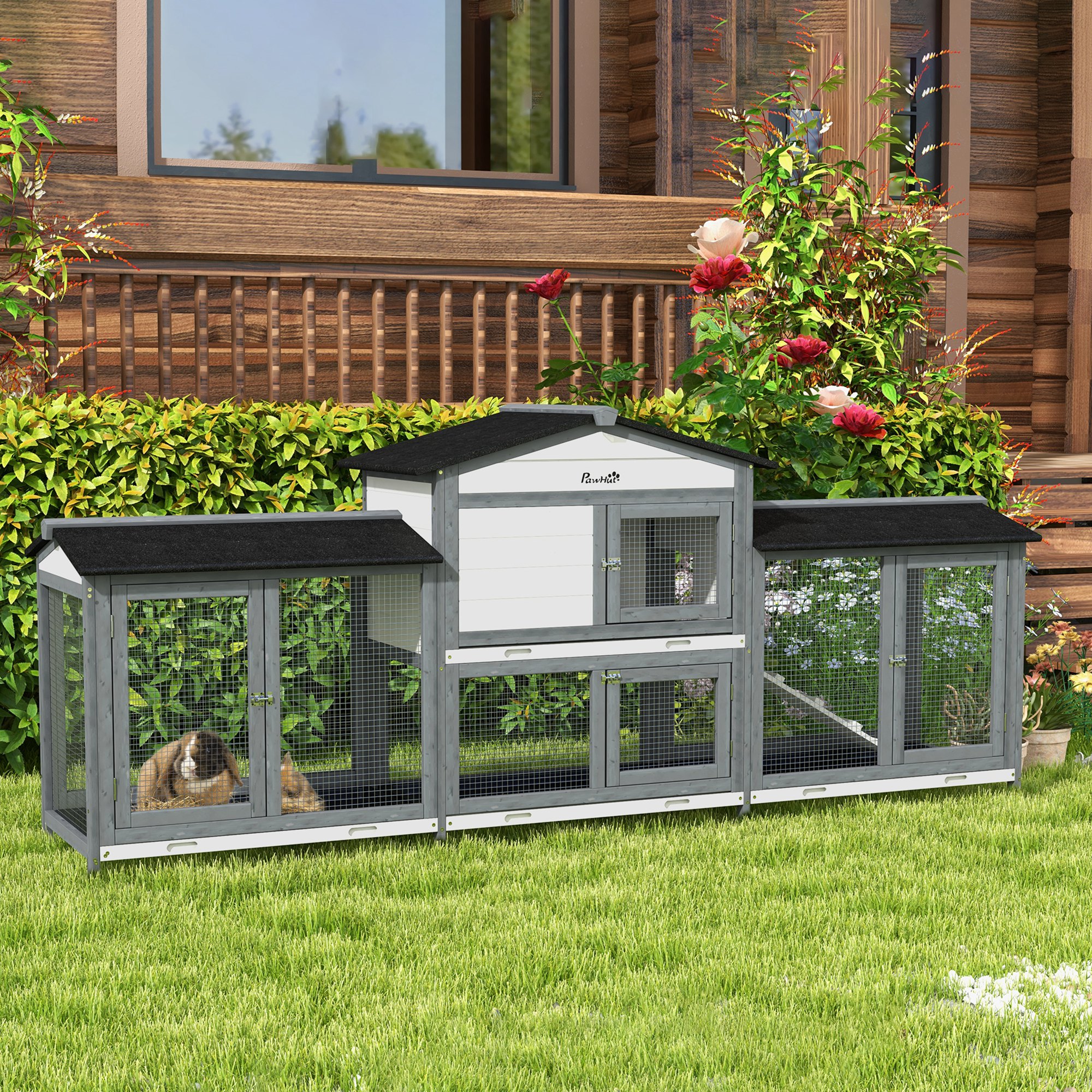 90.5" Wooden Rabbit Hutch Bunny Cage Pet Playpen House Enclosure with Double Side Run Boxes, No Leak Tray, Ramp, for Rabbits, Chickens, Ducks, Guinea Pig and Small Animals, Light Gray — image 5