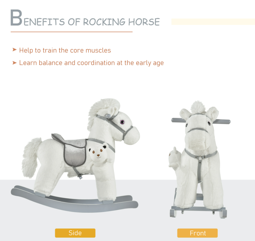 White Plush Rocking Horse With Bear Toy For Kids, Soft Sound Rocker, Ideal For Nursery Playtime — image 4