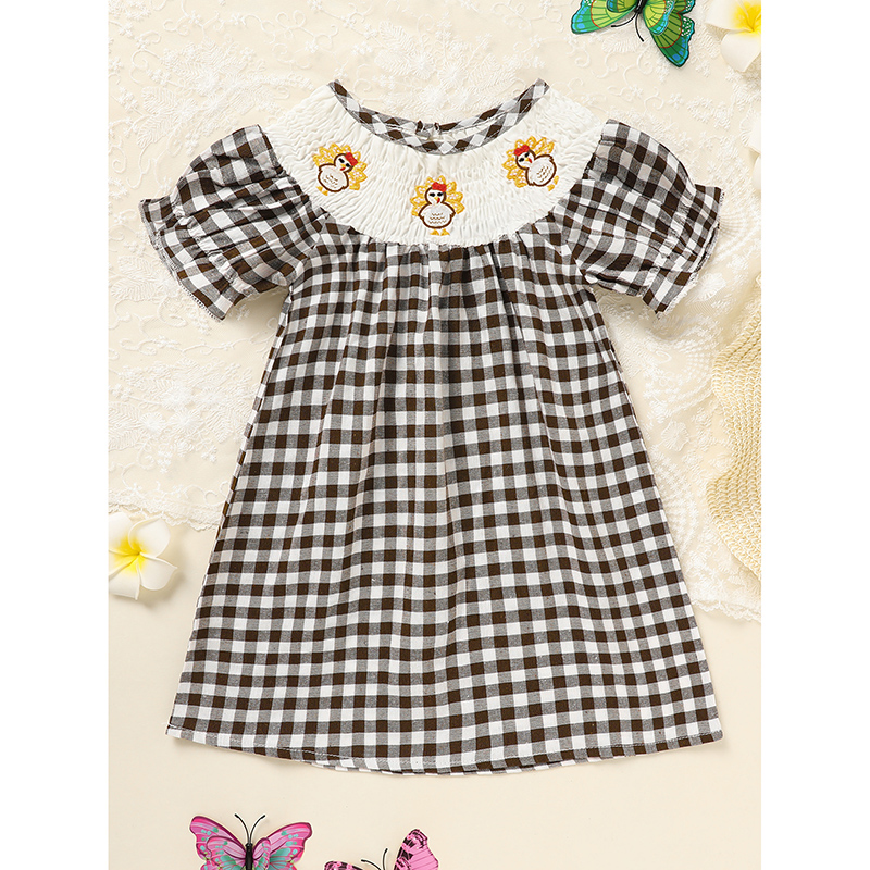 Infant Baby Girls Thanksgiving Dress Turkey Print Casual Short Sleeve Plaid Party Costume Dresses — image 1
