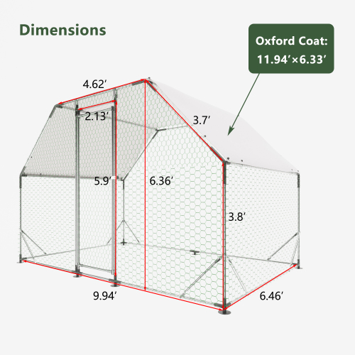 9.94 Ft. X 6.46 Ft. X 6.36 Ft. Metal Large Chicken Coop Walk-in Poultry Cage Run Flat Shaped With Waterproof Cover — image 7