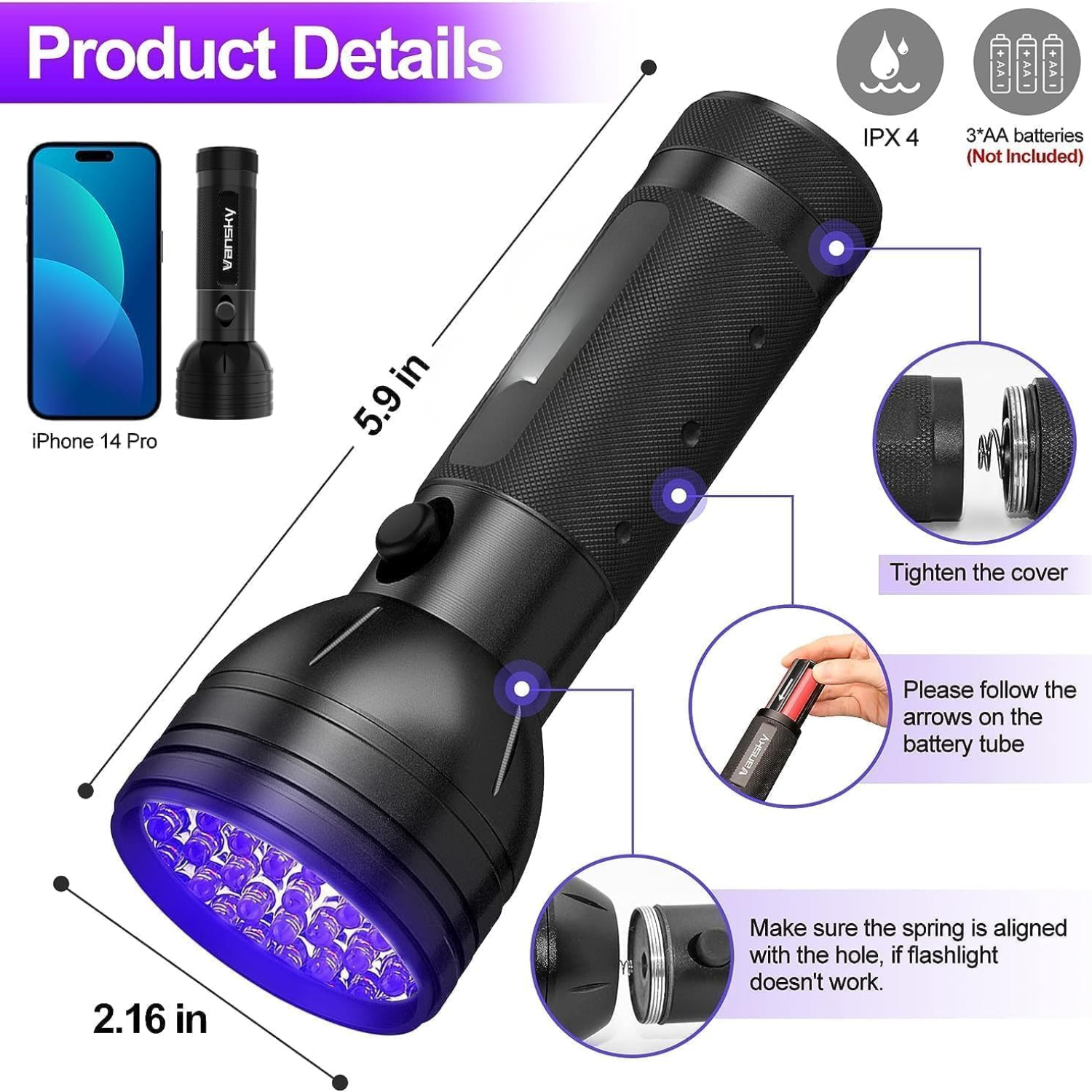 Lámpara de Flash UV, Linterna Negra de 51 LEDs para Detectar Orina de Mascotas y Manchas Invisibles — imagen 5