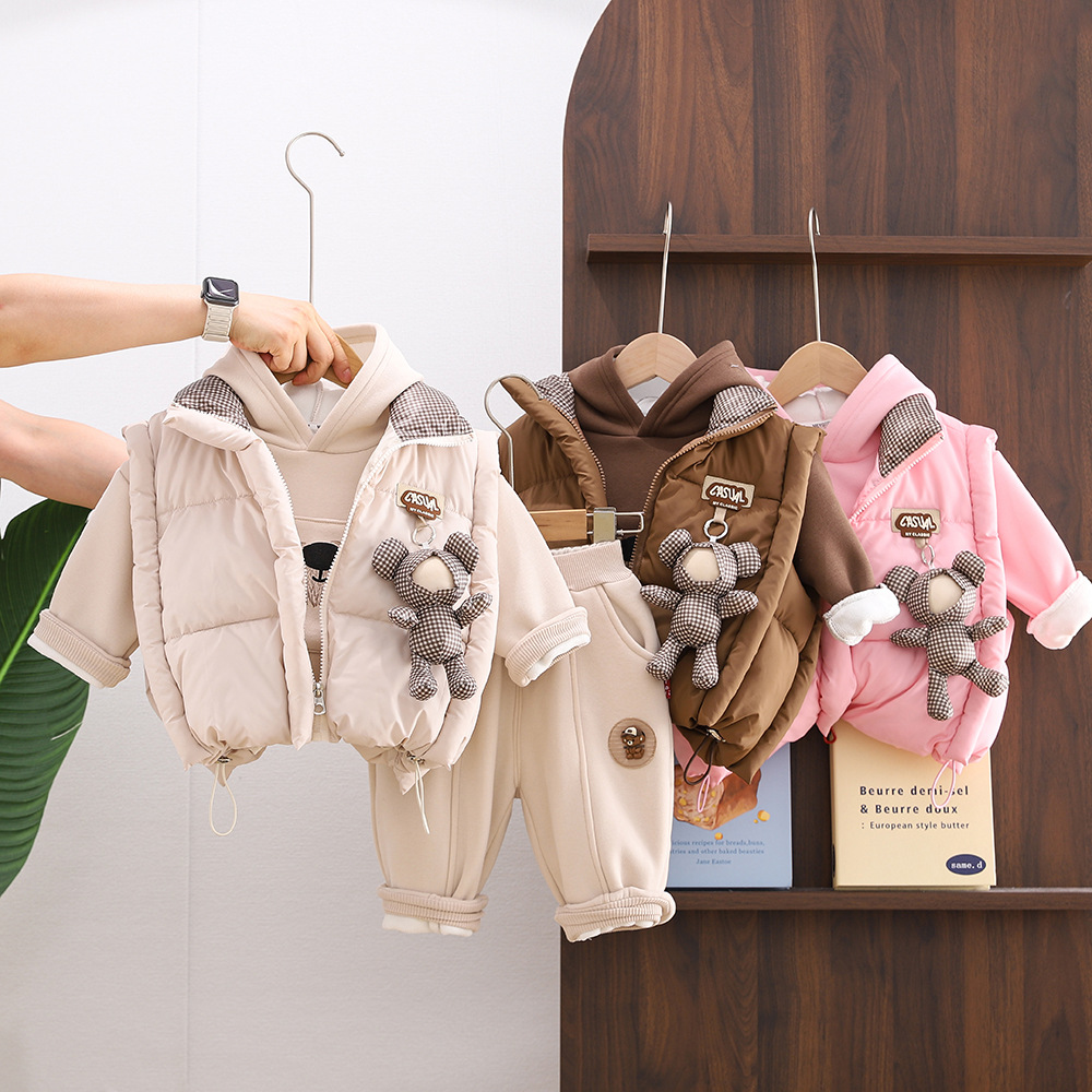 Boys Winter 3D Bear Pattern 3-Piece Set Thickened Cotton Vest Fleece-Lined Hoodie Pants Kids Warm Outfit — image 3