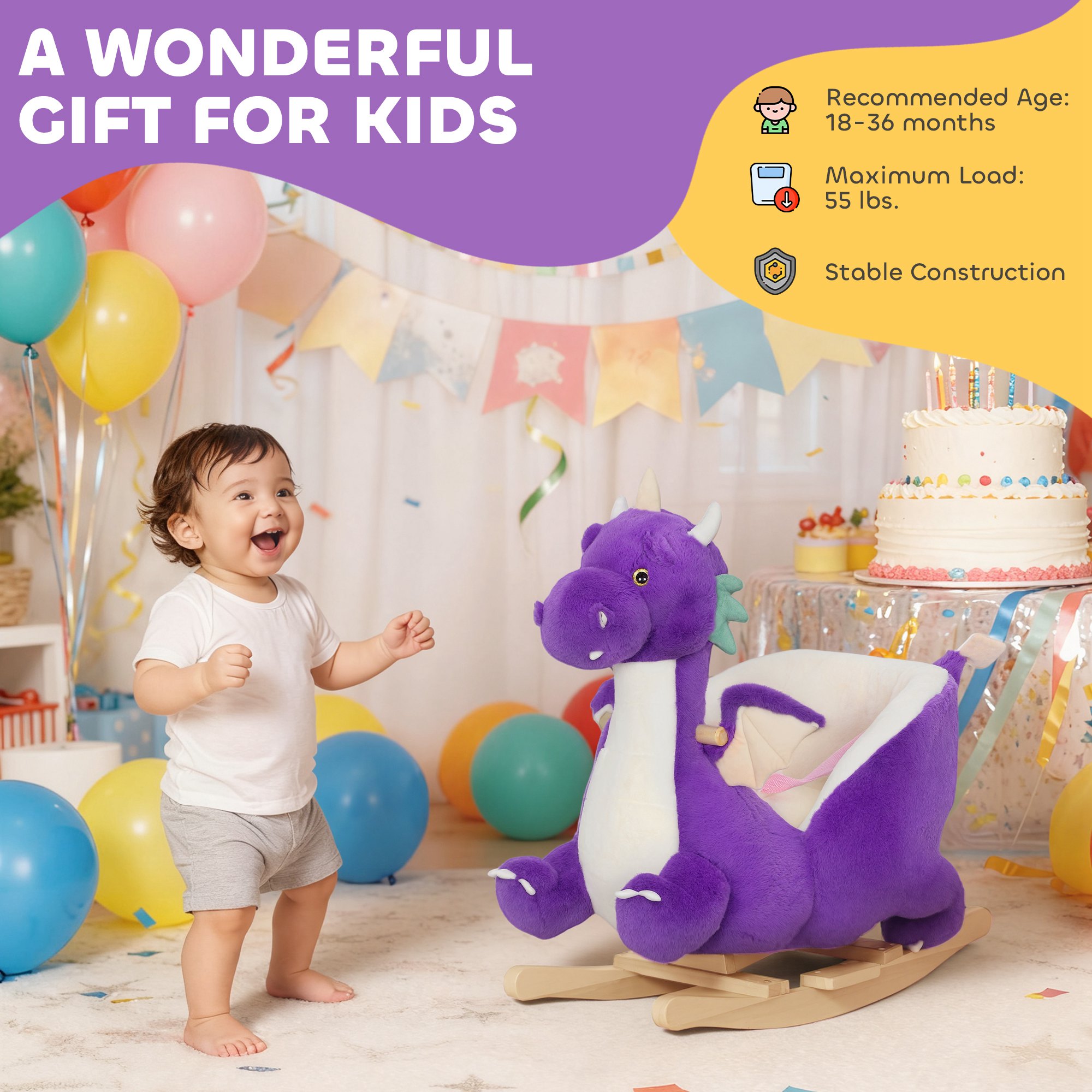 Baby Rocking Horse, Kids Ride On Dragon Toy with Realistic Dragon Roar and Safety Belt for Kids 18–36 Months, Purple — image 6