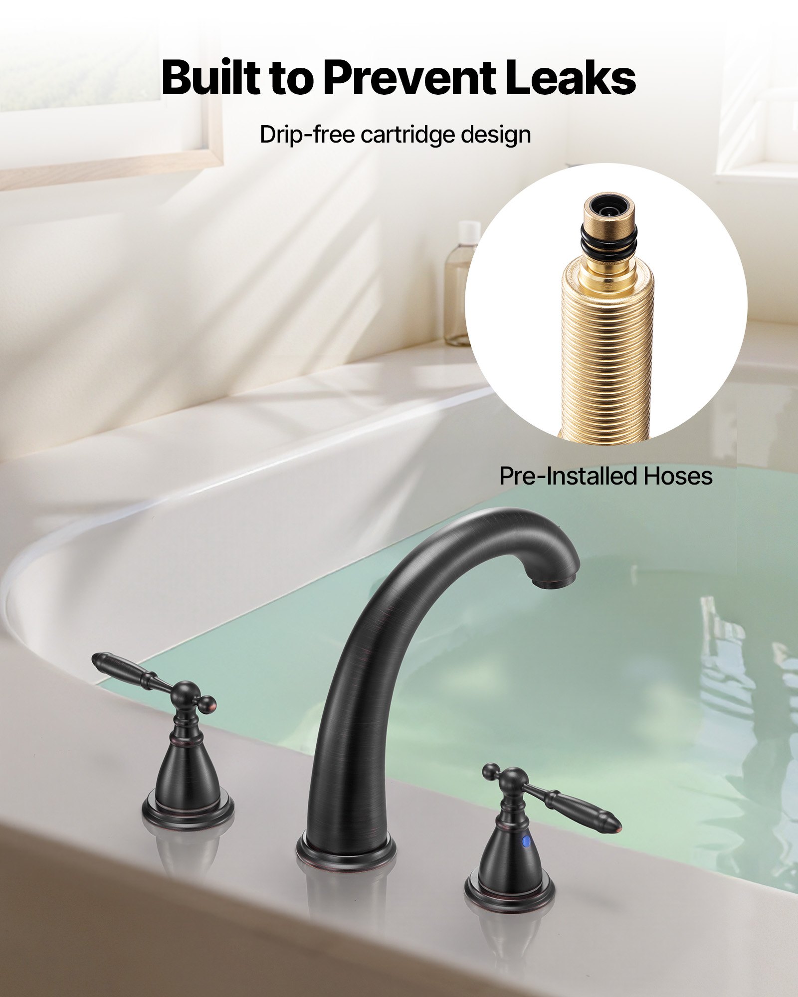 Roman Tub Faucet, 3 Hole Waterfall Bathtub Faucet, Gooseneck Bath Tubs Faucets Set With 2 Handles, Roman Tub Faucets Deck Mount For Pet Washing, Adult Bathing, Bronze, Temperature Control — imagen 2