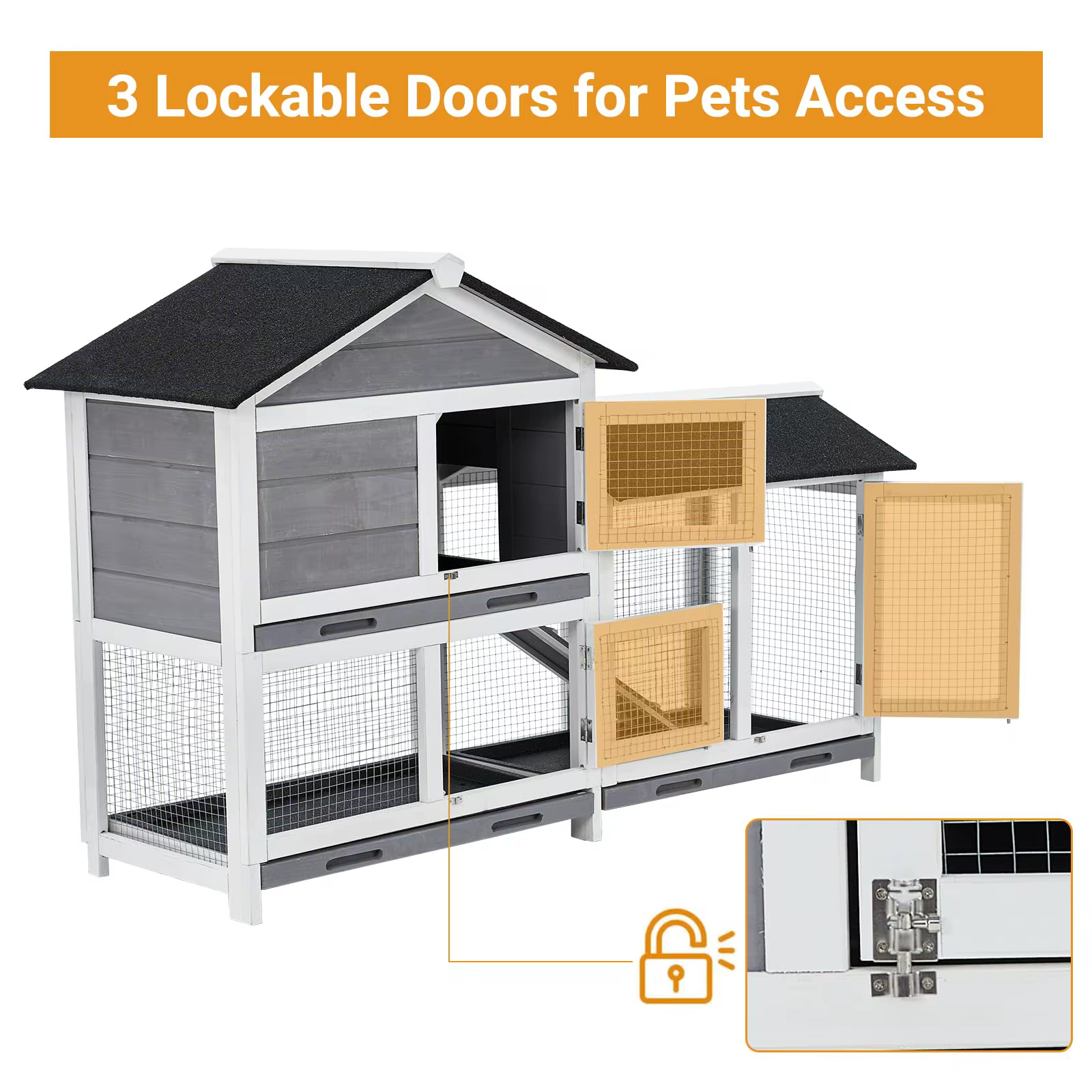 Conejera Interior de 58", Jaula para Conejos con 3 Bandejas Antifugas Removibles, Techo de Madera Impermeable, Conejera Interior/Exterior, Casa para Conejos de 2 Niveles/Gallinero, Gris y Negro — imagen 3