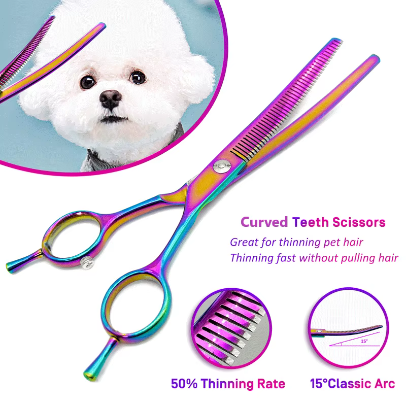 Colorful Dog Curved Thinning Shears 7.0 inch Professional Dog Grooming Scissors Pet Curved Thinning Shears — image 4
