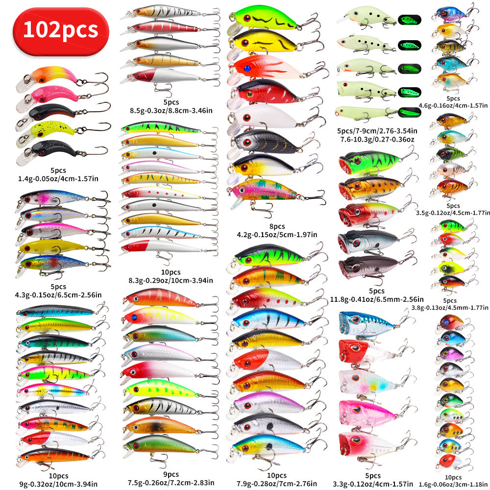Kits de Señuelos de Pesca 22pcs 58pcs 102pcs, Set Multifuncional de Señuelos Flotantes de Superficie y Natación, Equipado con Ranas Suaves y Anzuelos de Alto Tono, Usados para Pesca de Lobina — imagen 6