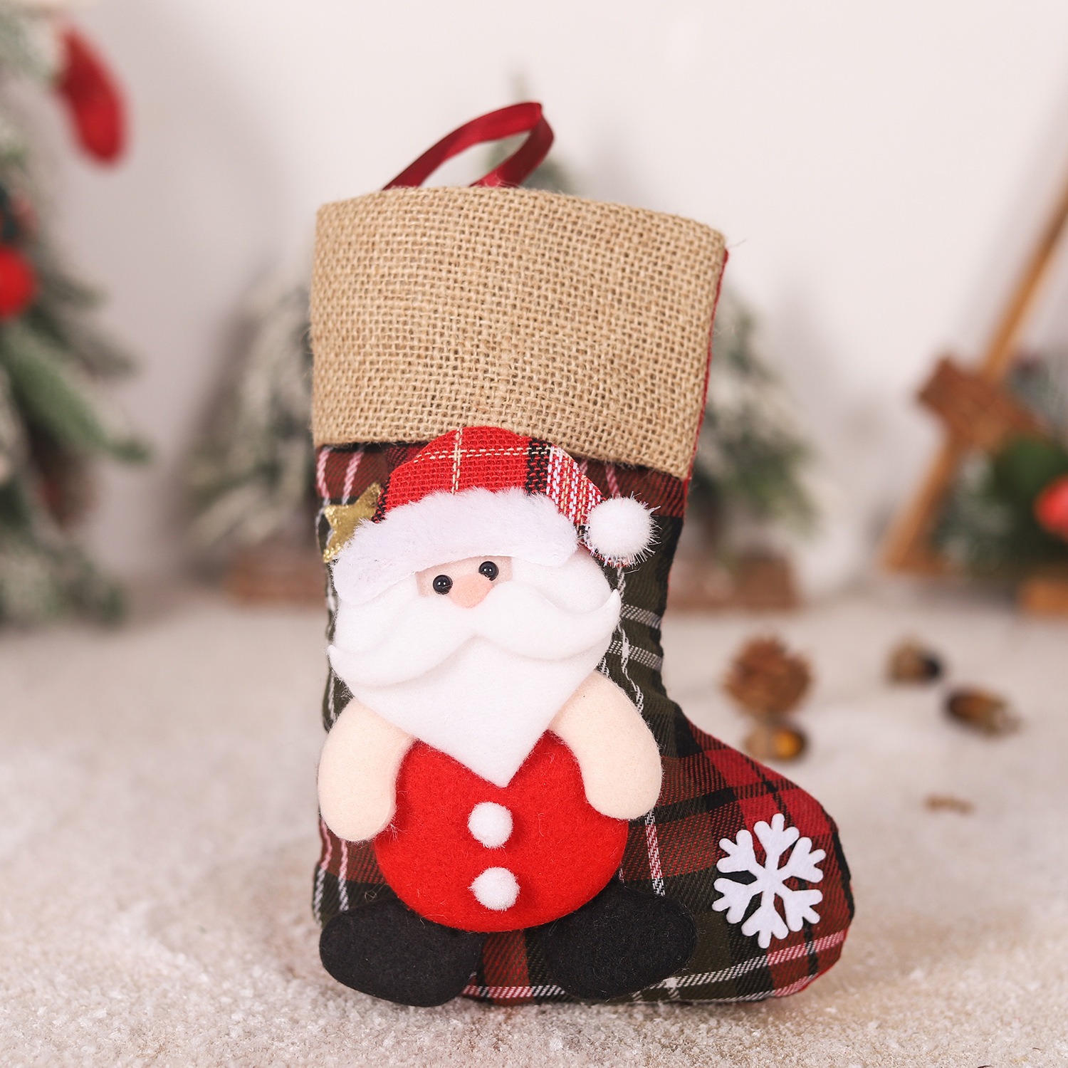 Christmas linen checkered gift bag 3D elderly snowman reindeer figurine Christmas boots pendant — image 6