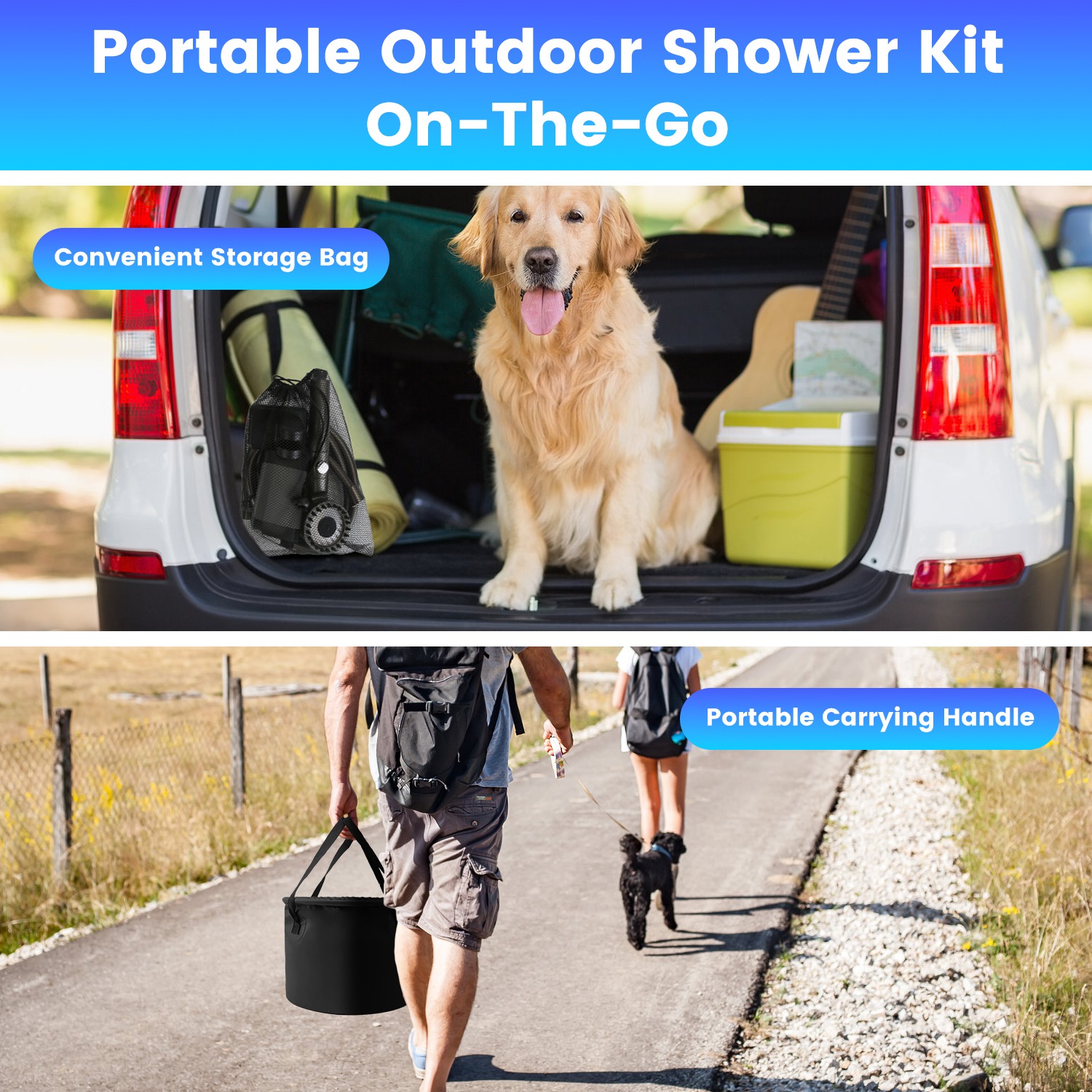 Ducha Portátil para Camping con Accesorios IPX7 Resistente a Agua 6000mAh Recargable Ducha con Cabezal Filtro Capacidad 5.3 Galones Bolsa de Almacenamiento Plegable para Caminatas Playas Viajes y Mascotas — imagen 15