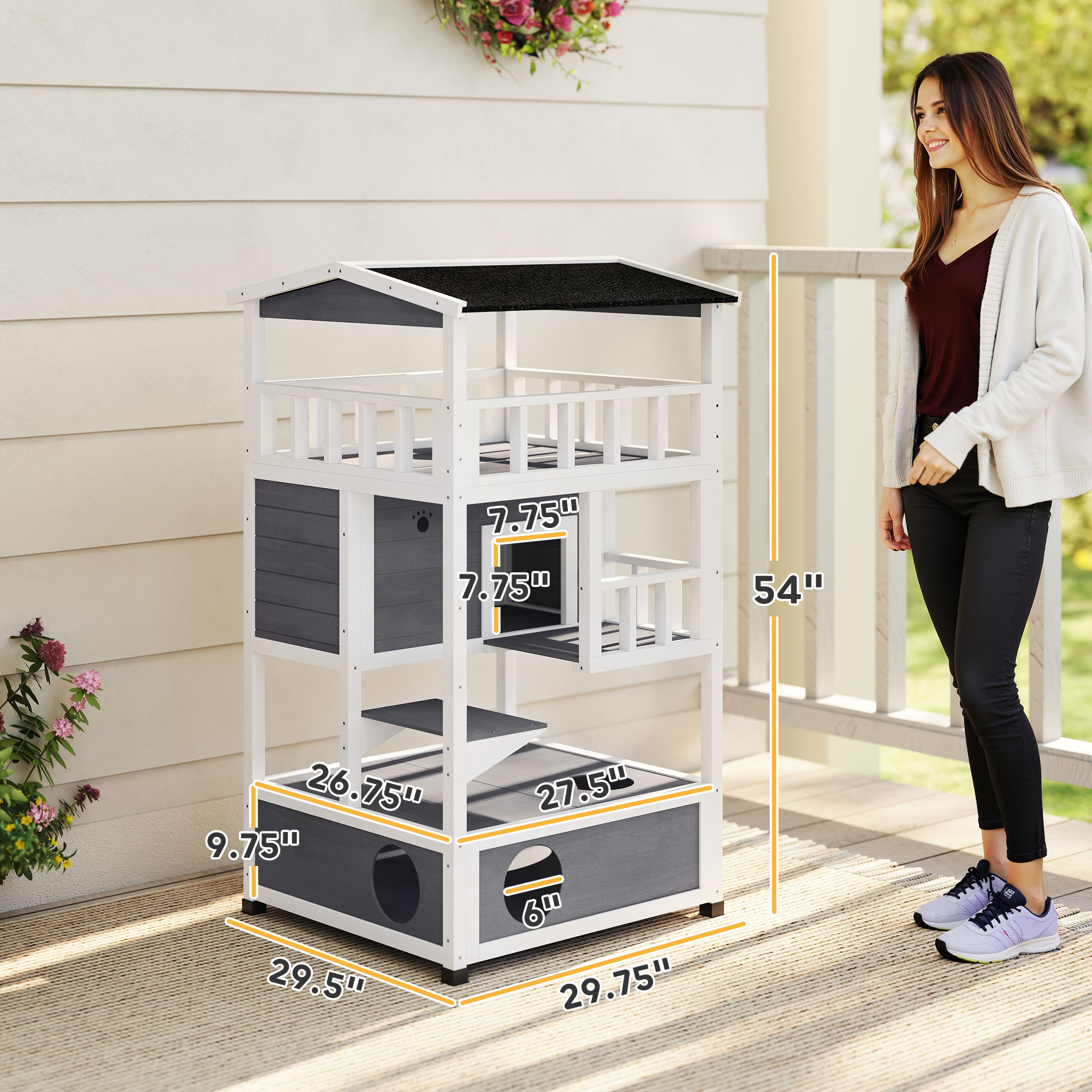 Wooden Outdoor Cat House, Feral Cat Shelter Kitten Condo with Asphalt Roof, Escape Doors, Condo, Jumping Platform, Gray — imagen 5