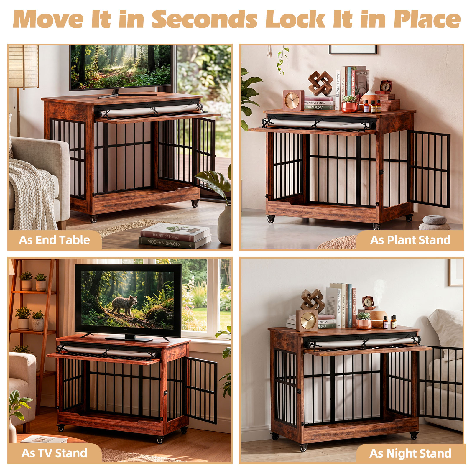 Dog Crate Furniture, Double Door Wooden Indoor Dog Kennel Furniture, Decorative Pet Cage End Table With Wheels For Large And Medium Breed Dogs, Size L, Greige — image 9