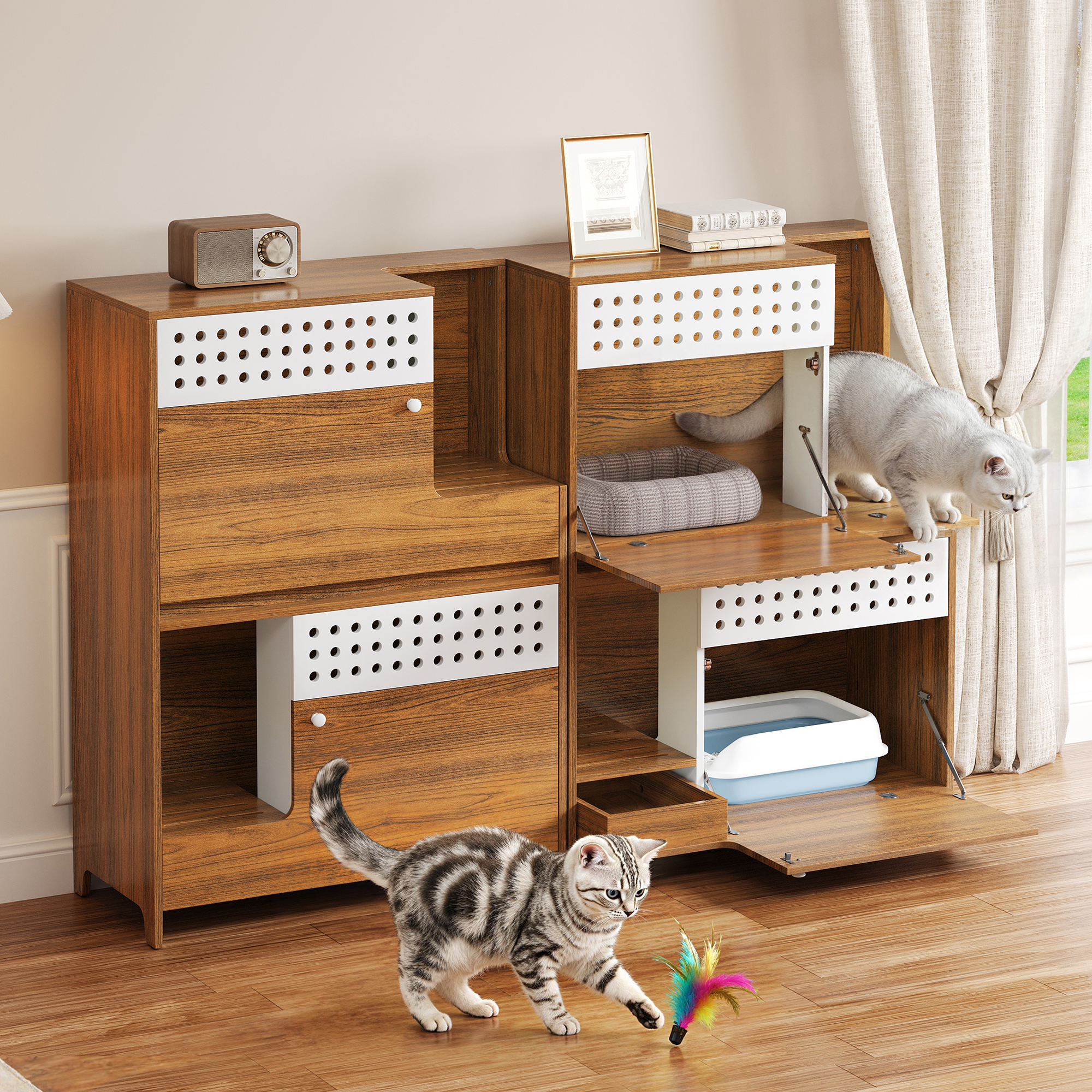 2-Piece Of Modern 2 IN 1 Cat Furniture Set, Cat Litter Box Enclosure Side Table, Cat House With Storage, For 2 Small-Medium Sized Cats - BROWN — imagen 1
