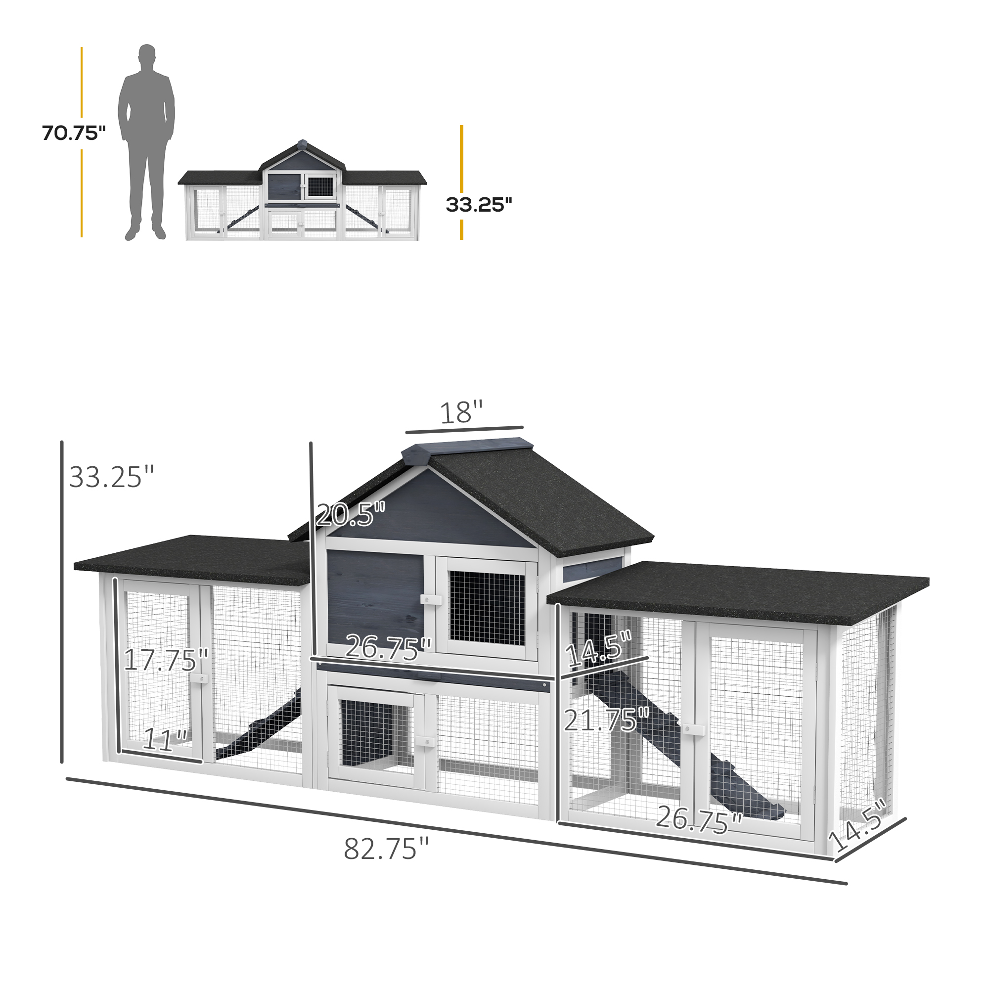 Outdoor Rabbit House 83" 2 Story Deluxe XL Wooden Rabbit Hutch, Big Bunny Cage w/ Ladder and Run, Dark Gray — imagen 3