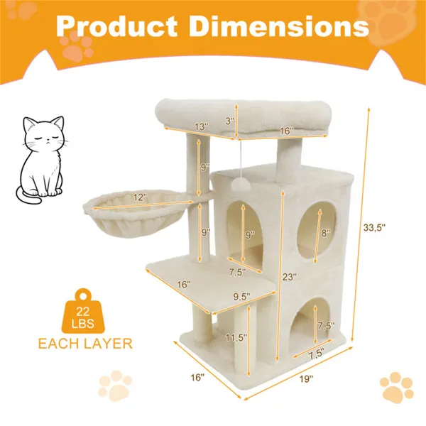Rascador para Gatos Multinivel Beige de 33.5" con Condominio de 2 Niveles, Postes de Rascar de Sisal y Dispositivo Antivuelco para Gatos — imagen 5
