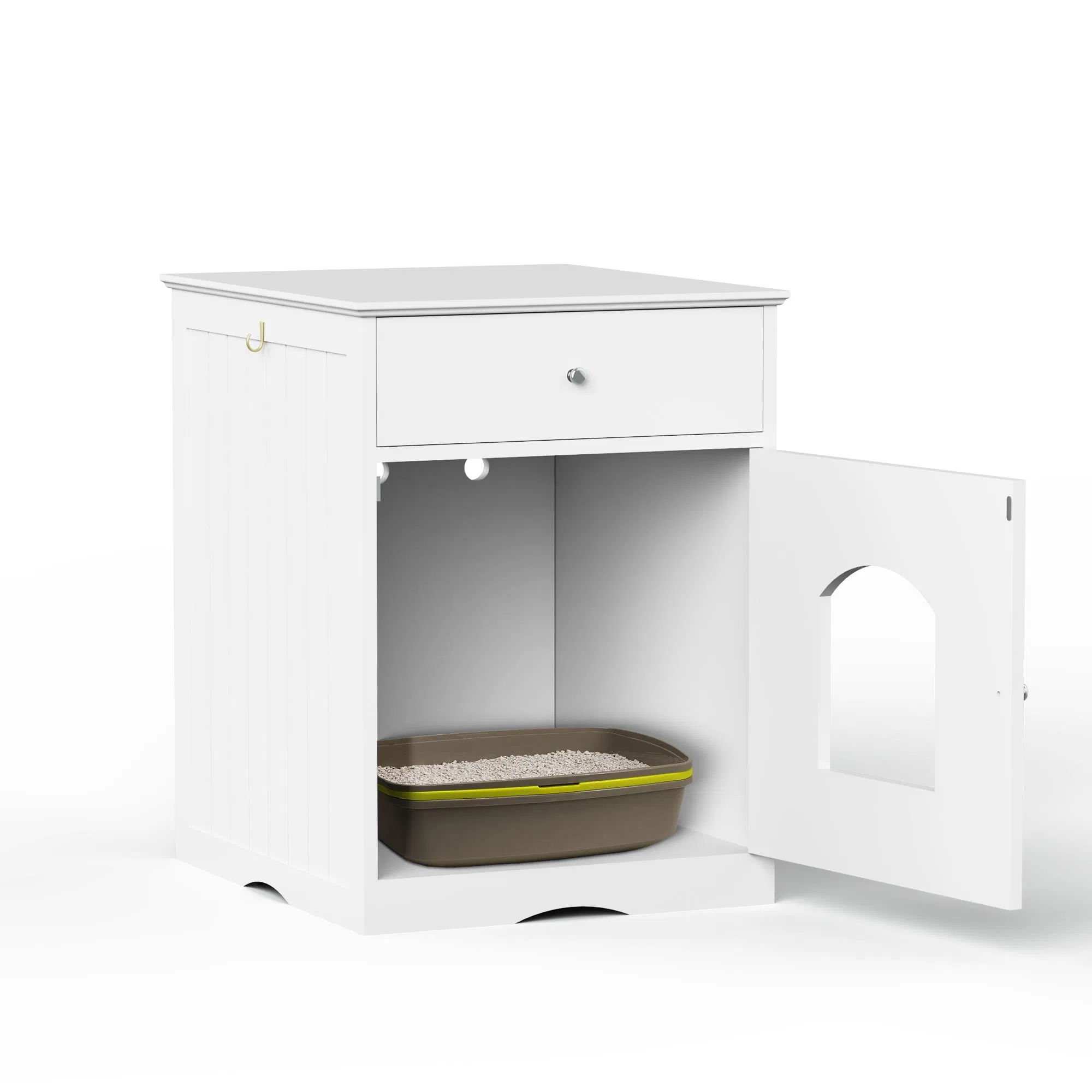 Wooden Pet House Cat Litter Box Enclosure with Drawer, Side Table, Indoor Pet Crate, Cat Home Nightstand (White) — image 3